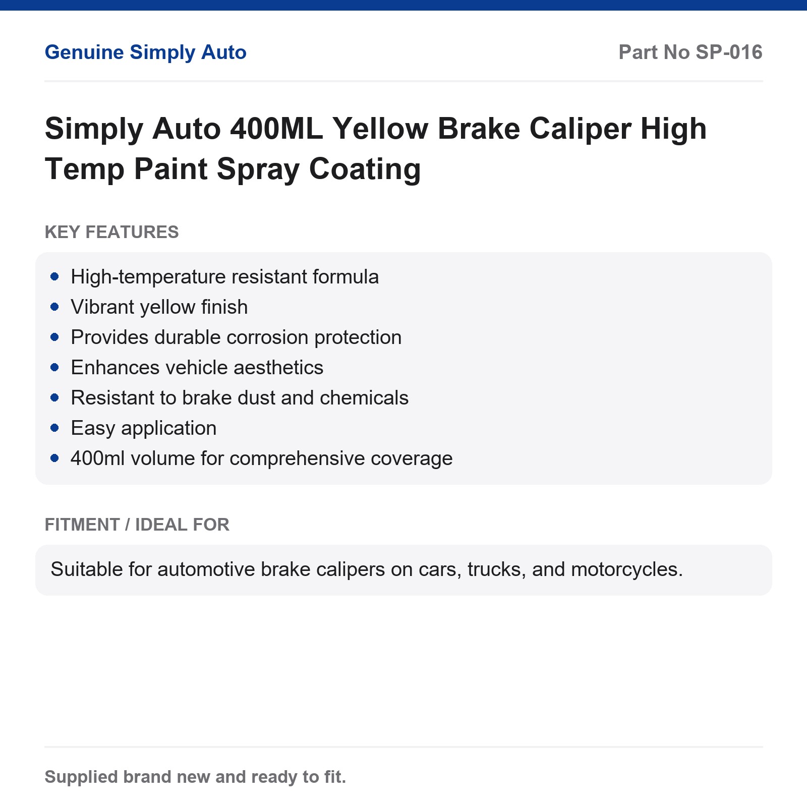 Simply Auto Brake Caliper Paint Yellow High Temp Spray 400ML - Image 2