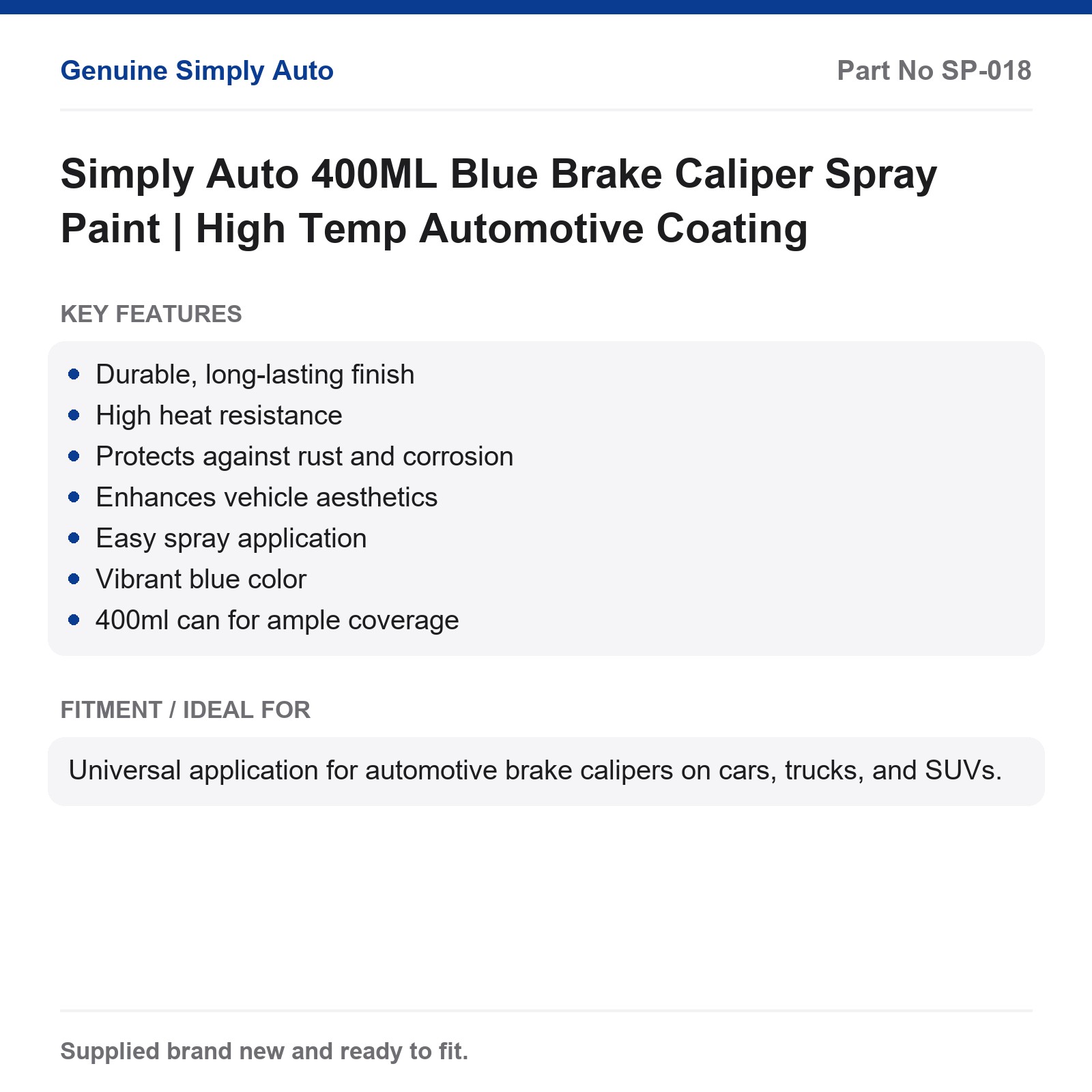 Simply Auto Blue Brake Caliper Spray Paint 400ML High Temp Coating - Image 2
