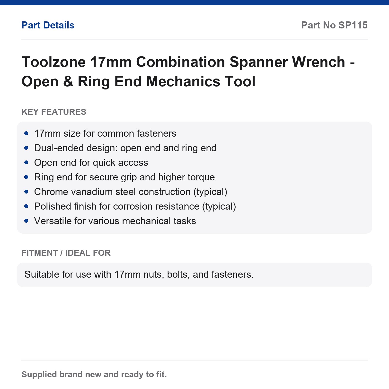 17mm Combination Spanner Wrench Open Ring End Mechanics Toolzone - Image 6