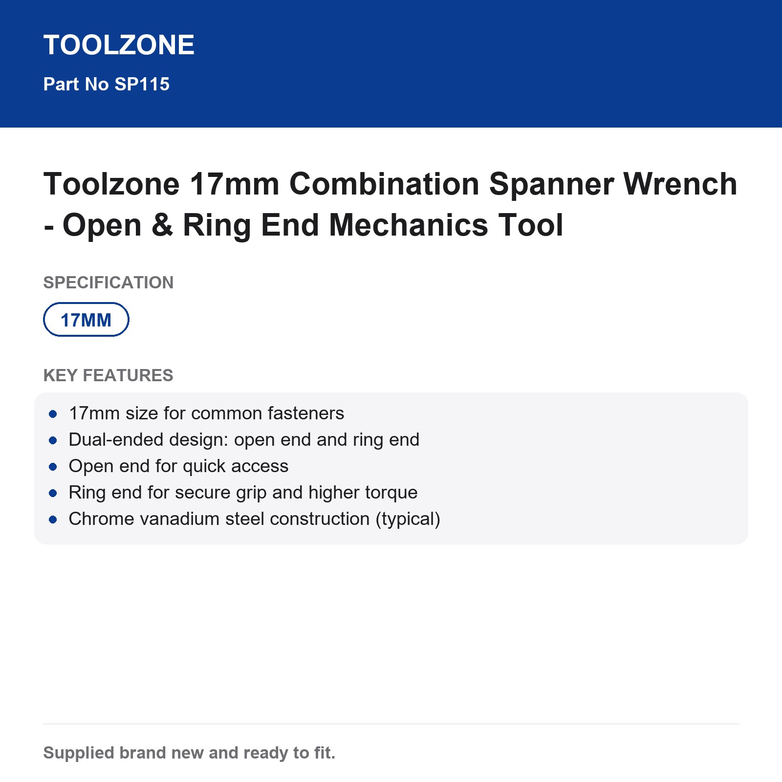 17mm Combination Spanner Wrench Open Ring End Mechanics Toolzone - Image 7