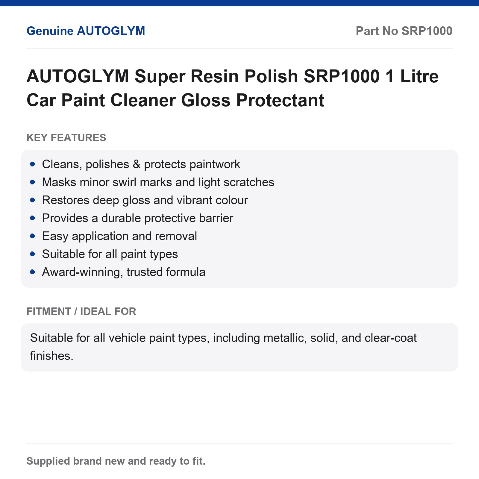 AUTOGLYM Super Resin Polish SRP1000 1 Litre Car Paint Cleaner Gloss Protectant - Image 2