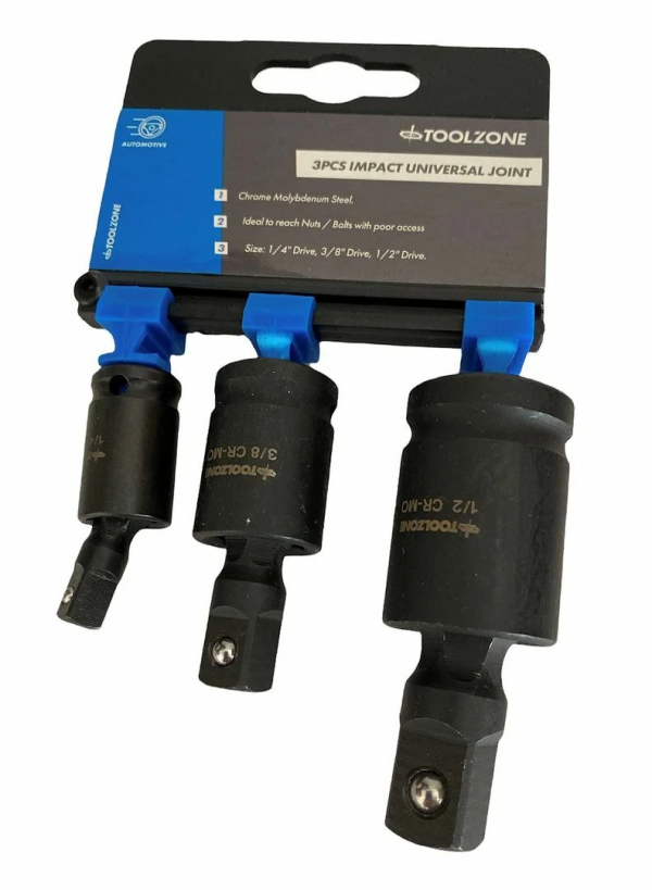Toolzone 3pc Impact Swivel Universal Joint Set Socket Adapter
