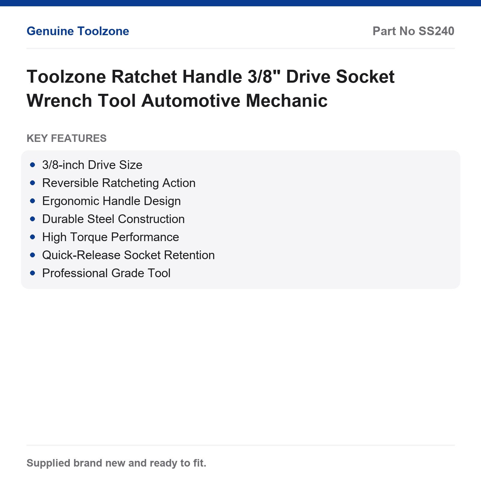 Toolzone 3/8" Drive Ratchet Handle Socket Wrench Automotive Mechanic - Image 2