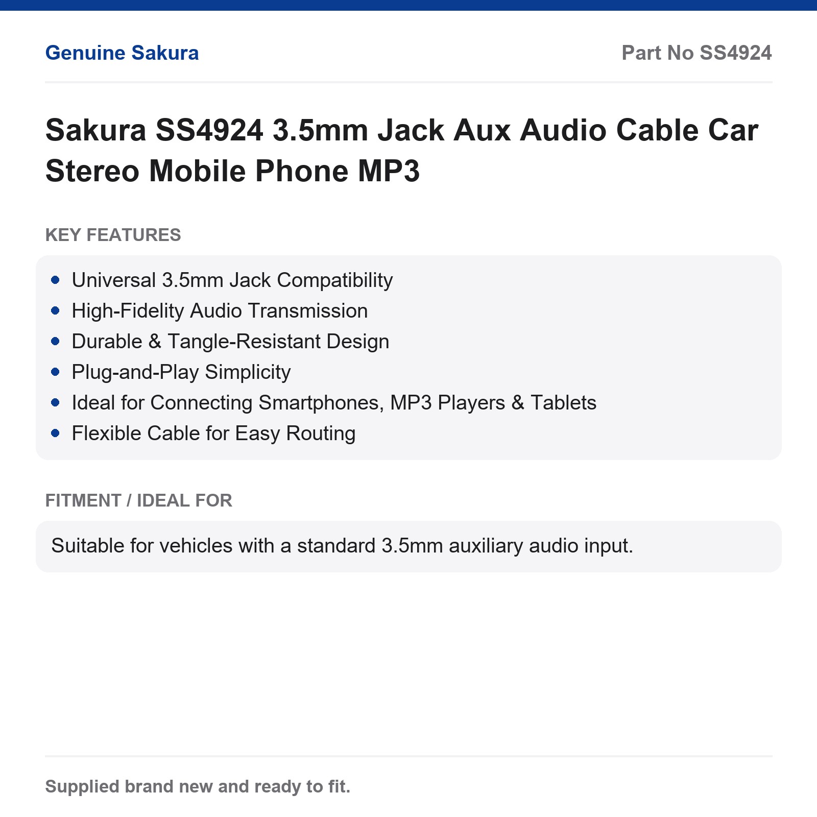 Sakura SS4924 3.5mm Jack Aux Audio Cable Car Stereo Phone MP3 - Image 4