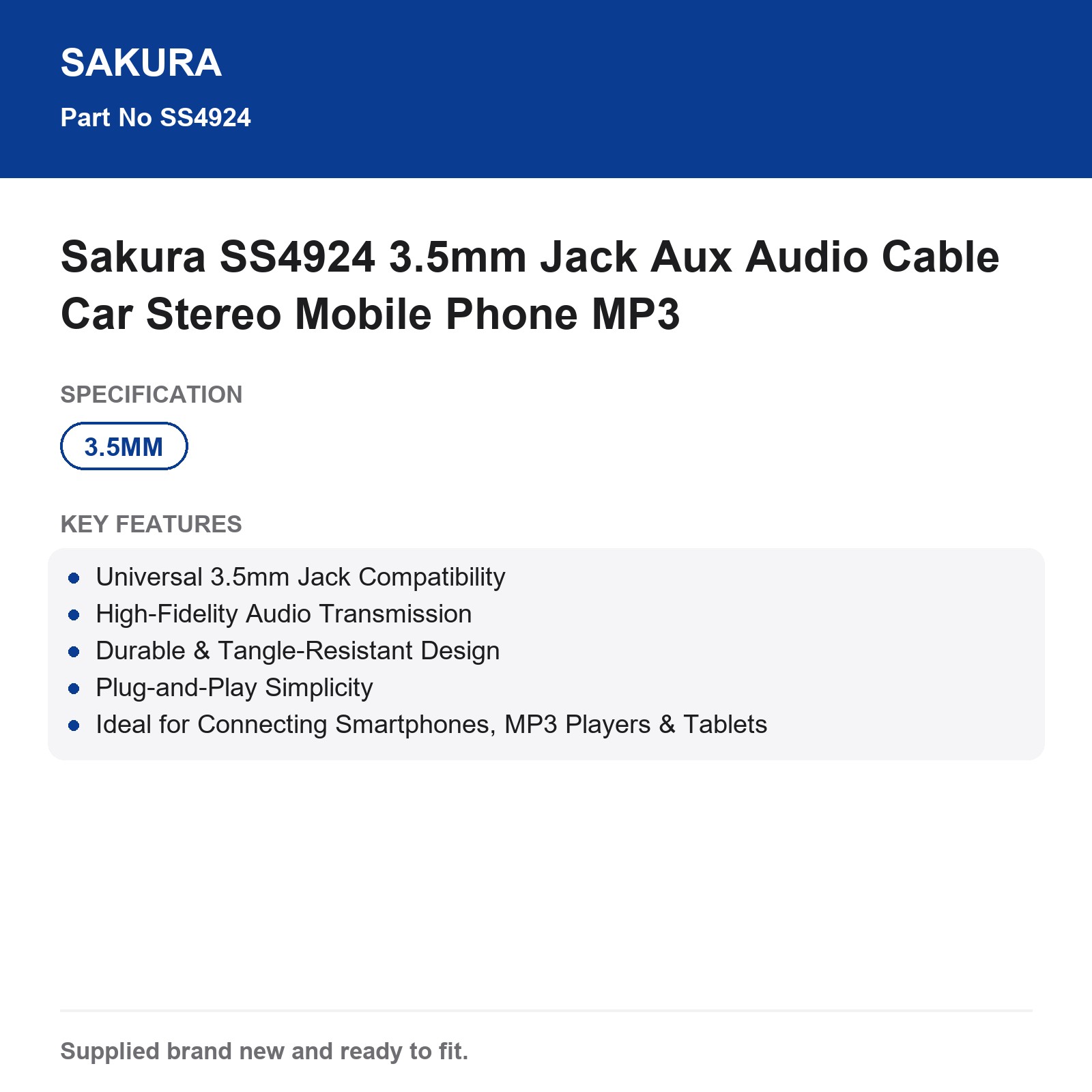 Sakura SS4924 3.5mm Jack Aux Audio Cable Car Stereo Phone MP3 - Image 5