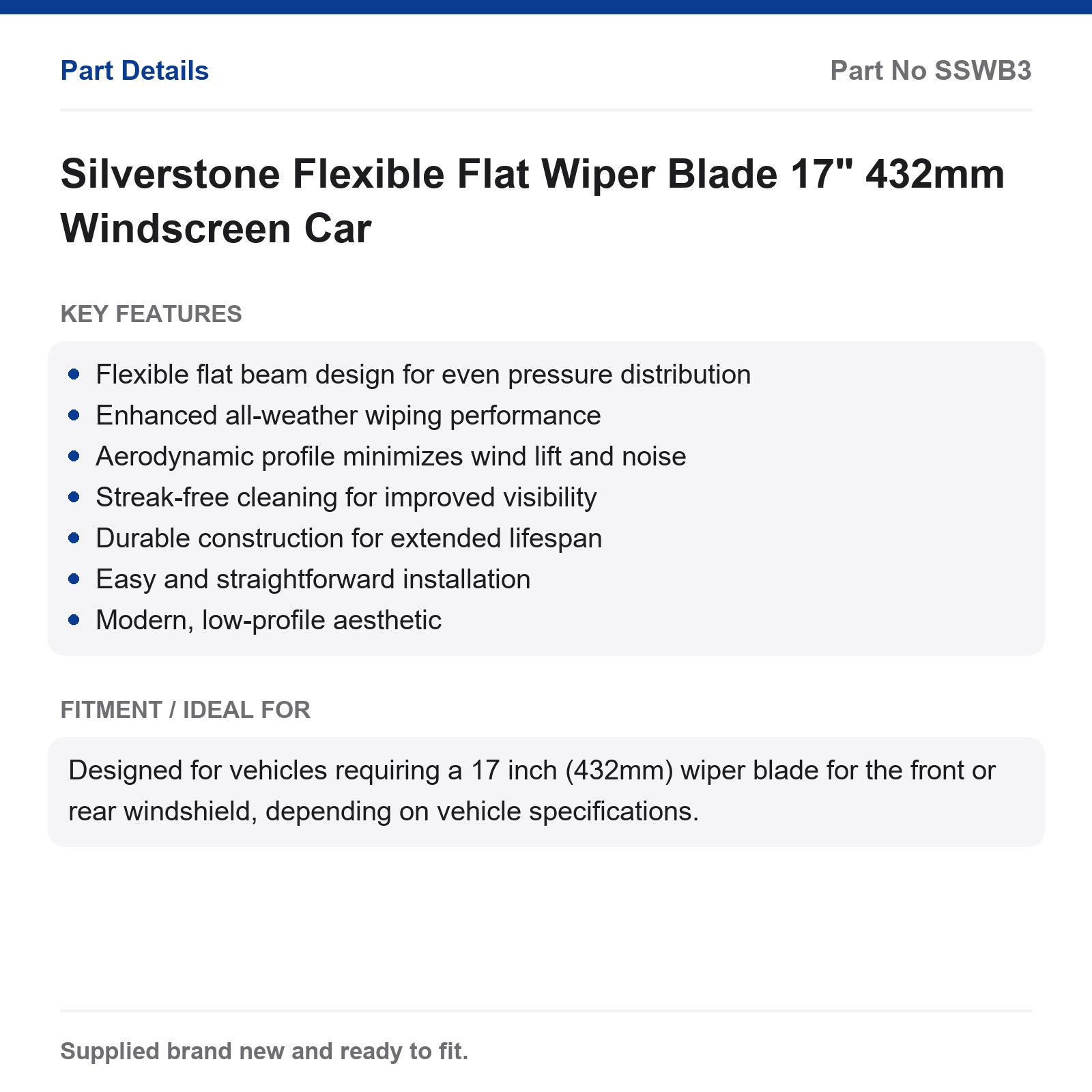 Silverstone 17" 432mm Flexible Flat Car Windscreen Wiper Blade - Image 2
