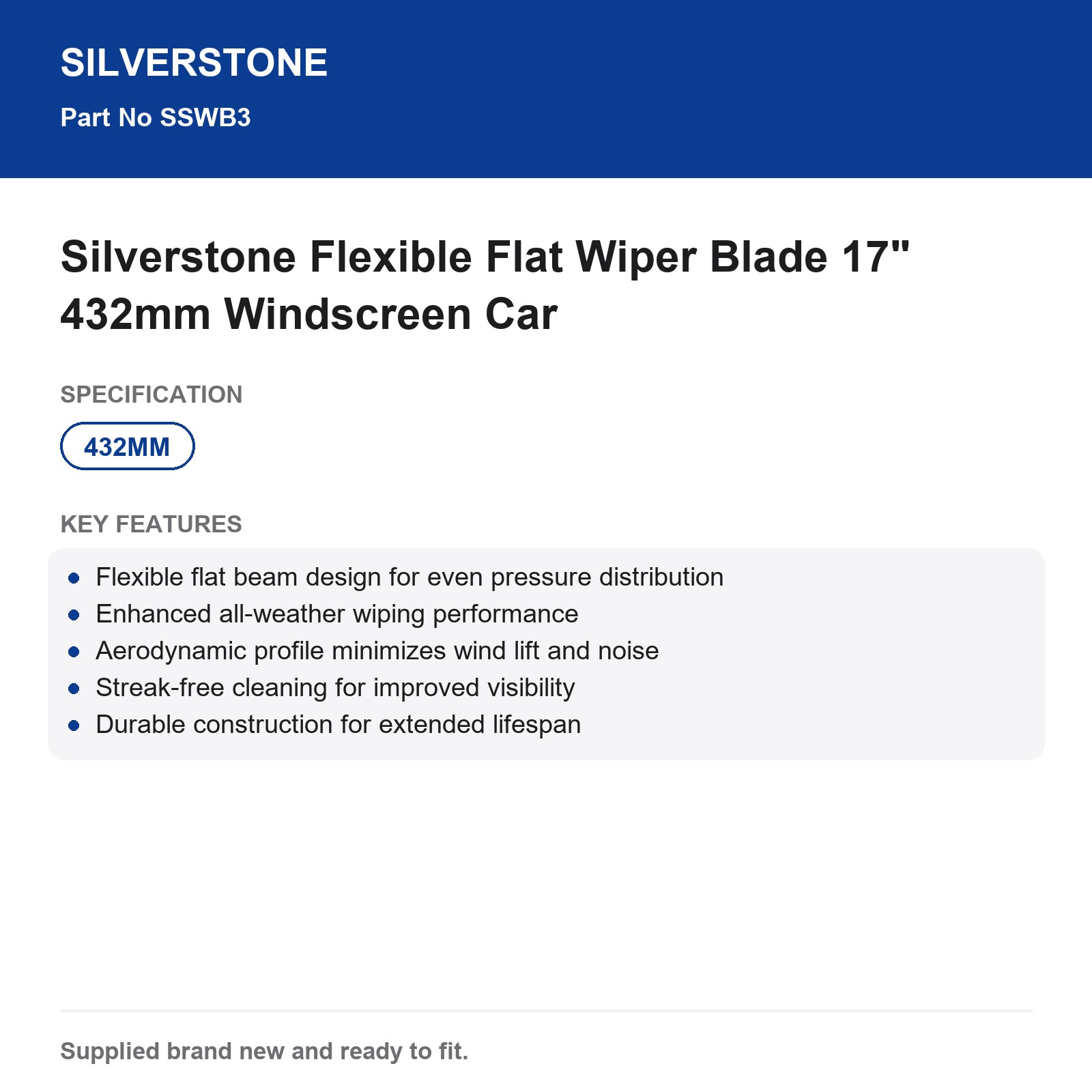 Silverstone 17" 432mm Flexible Flat Car Windscreen Wiper Blade - Image 3