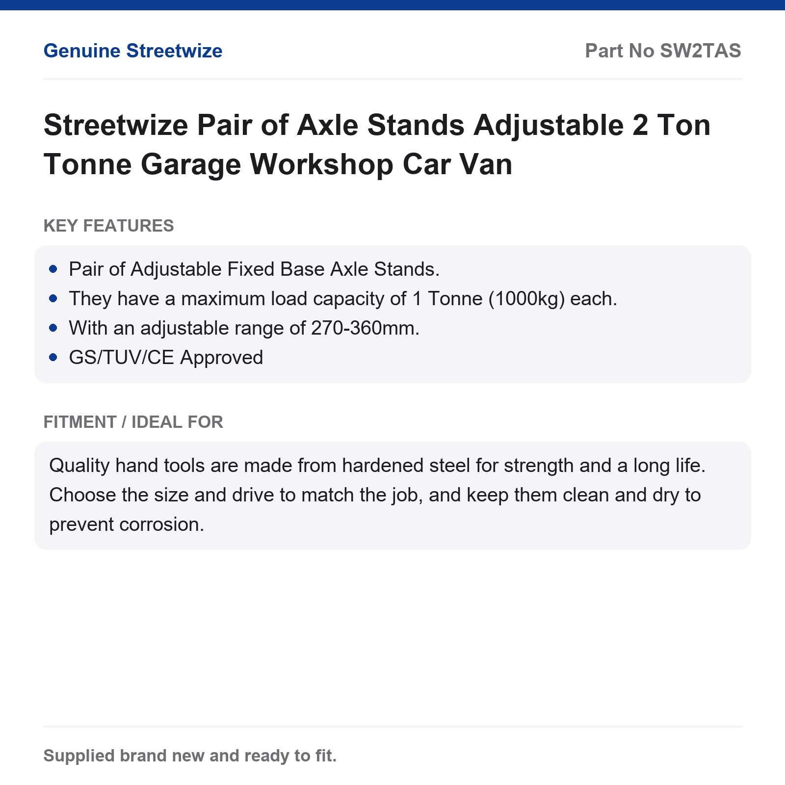 Streetwize Axle Stands Pair Adjustable 2 Tonne Garage Car Van - Image 4