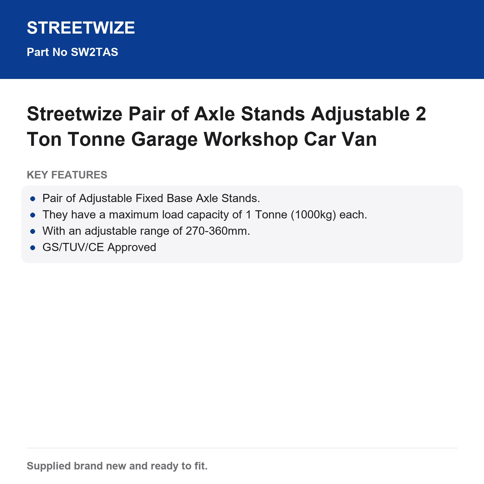Streetwize Axle Stands Pair Adjustable 2 Tonne Garage Car Van - Image 5