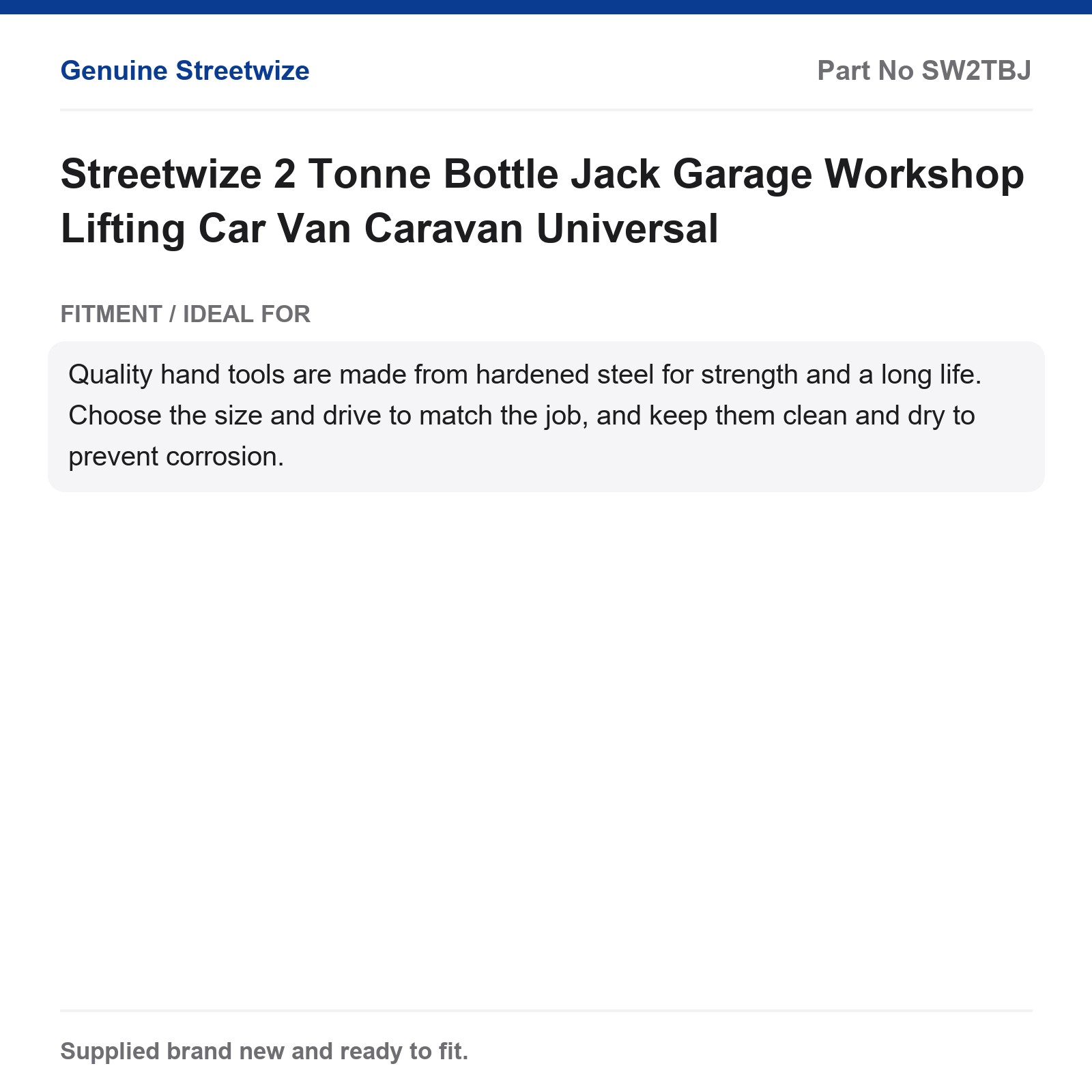 Streetwize 2 Tonne Bottle Jack Car Van Caravan Garage Workshop - Image 2