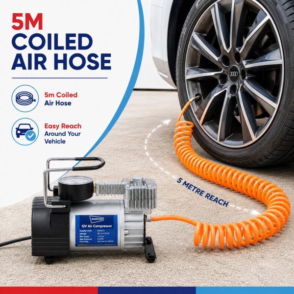 Streetwize Kruga 12V Tyre Inflator Air Compressor Metal Coiled Hose Bag