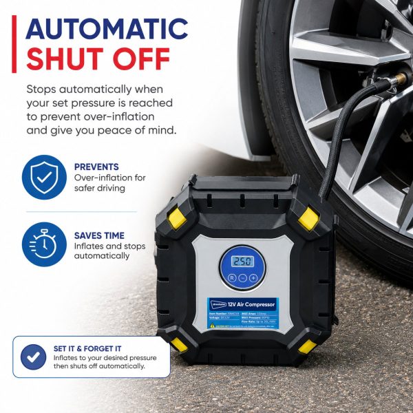 Streetwize 12V Auto Shut Off Digital Tyre Inflator Car Van Pump Work Light