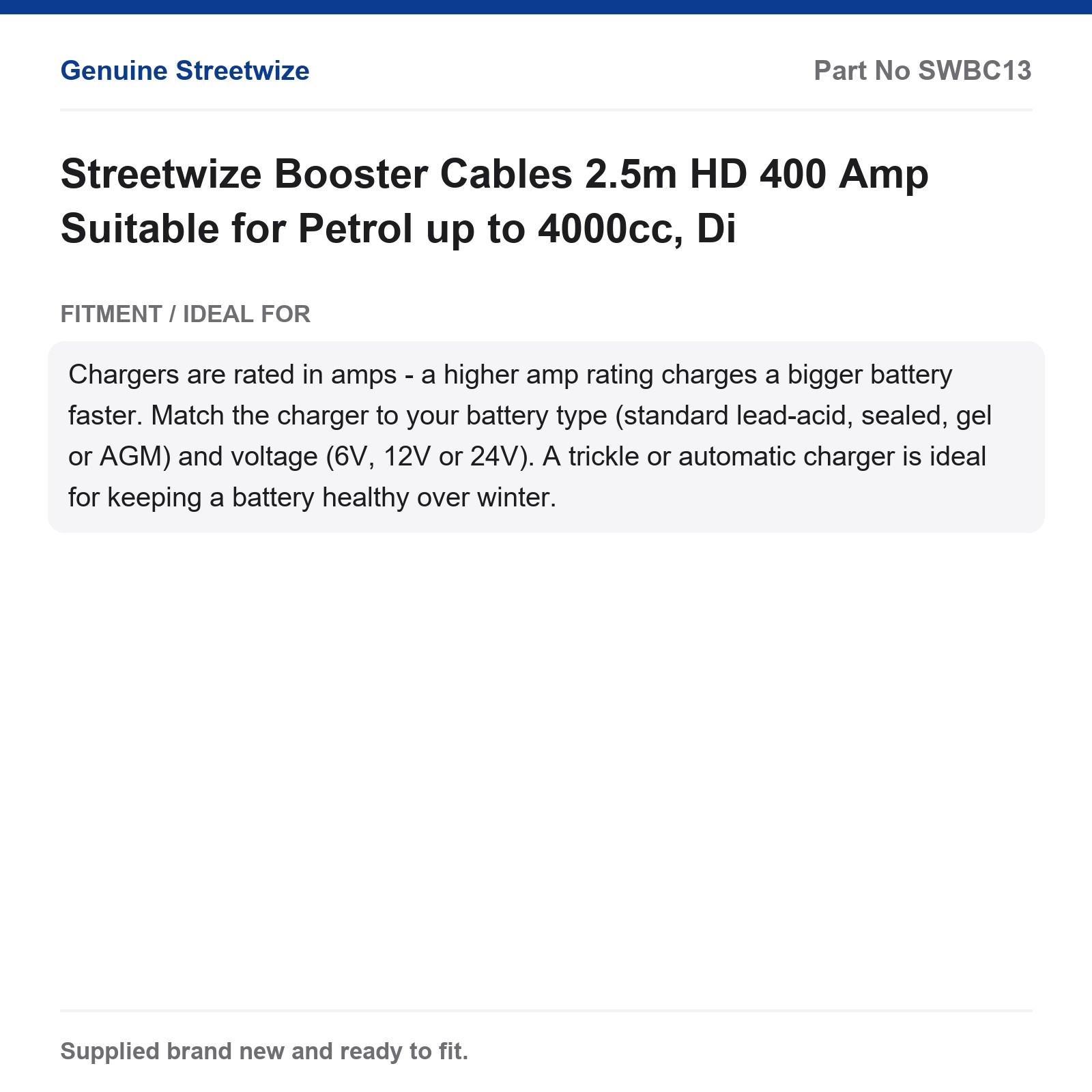 Streetwize Booster Cables 2.5m HD 400 Amp Petrol up to 4000cc Diesel - Image 4