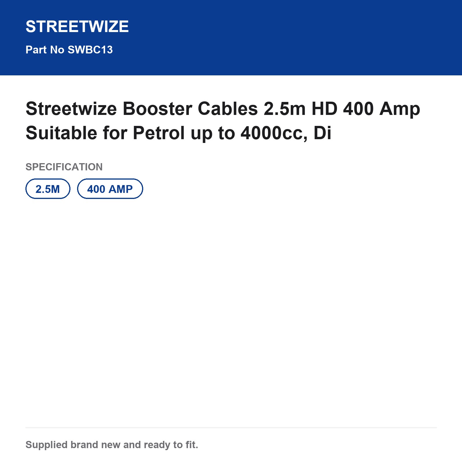 Streetwize Booster Cables 2.5m HD 400 Amp Petrol up to 4000cc Diesel - Image 5