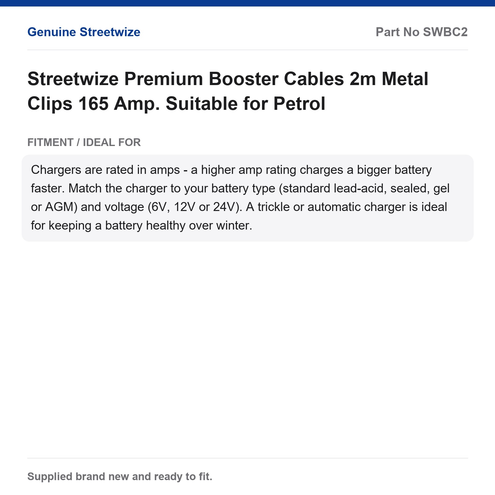 Streetwize Premium Booster Cables 2m 165 Amp Metal Clips - Image 5
