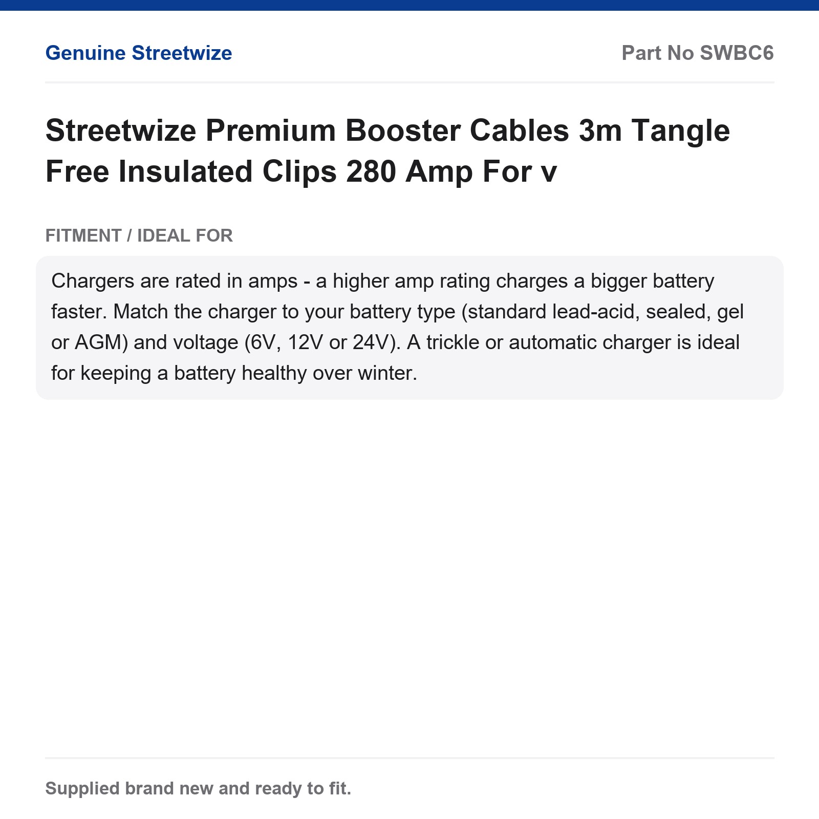 Streetwize Booster Cables 3m Tangle Free Insulated Clips 280 Amp - Image 4