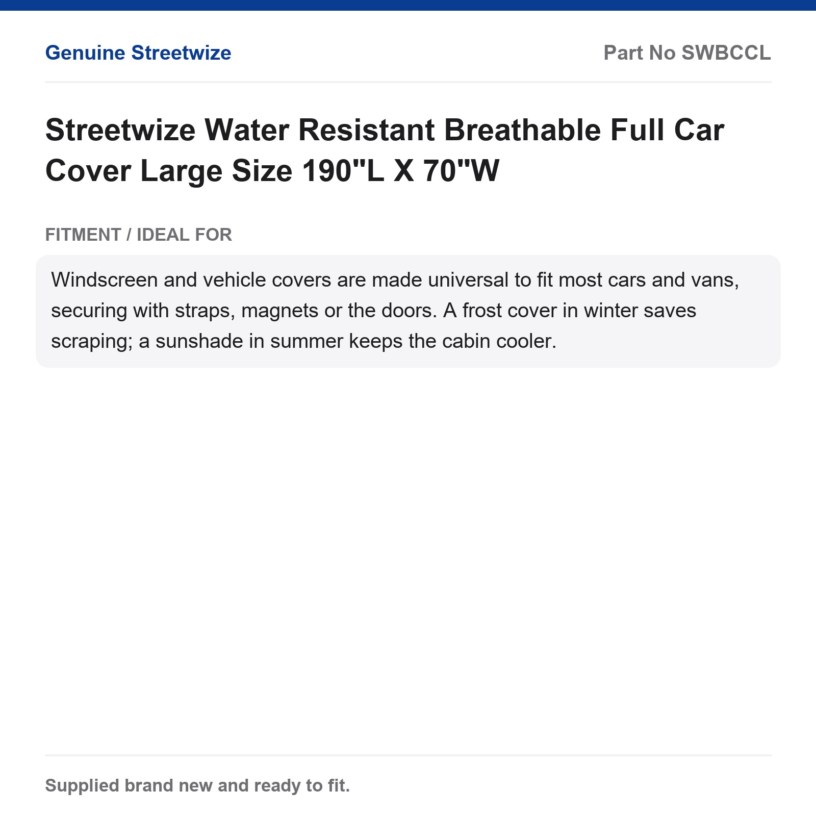 Streetwize Large Water Resistant Breathable Full Car Cover 190"L X 70"W - Image 5