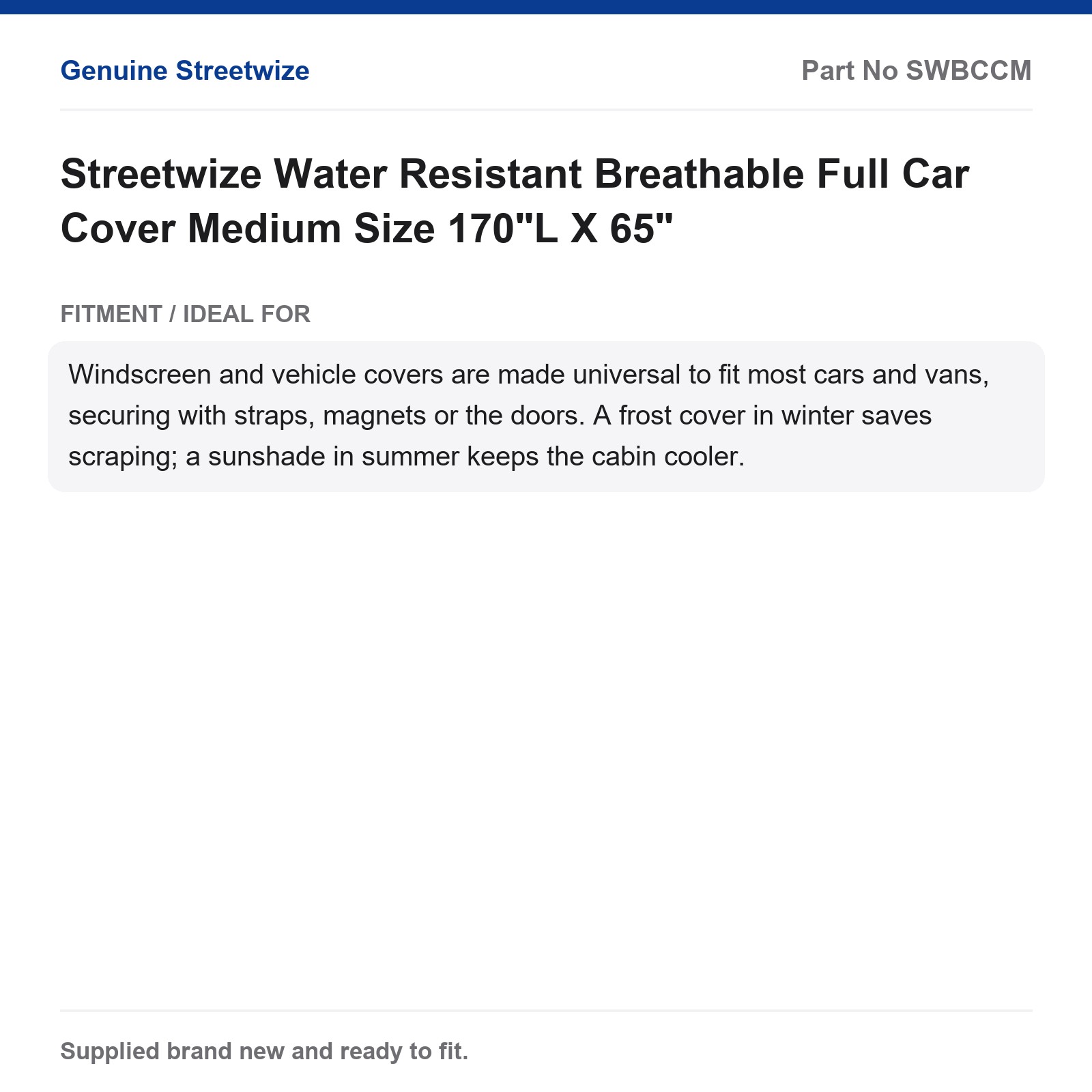 Streetwize Car Cover Medium Water Resistant Breathable 170"L X 65" - Image 5