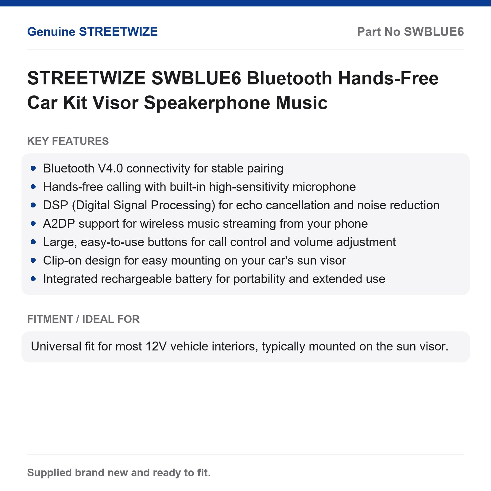 STREETWIZE SWBLUE6 Bluetooth Hands Free Car Kit - Image 2