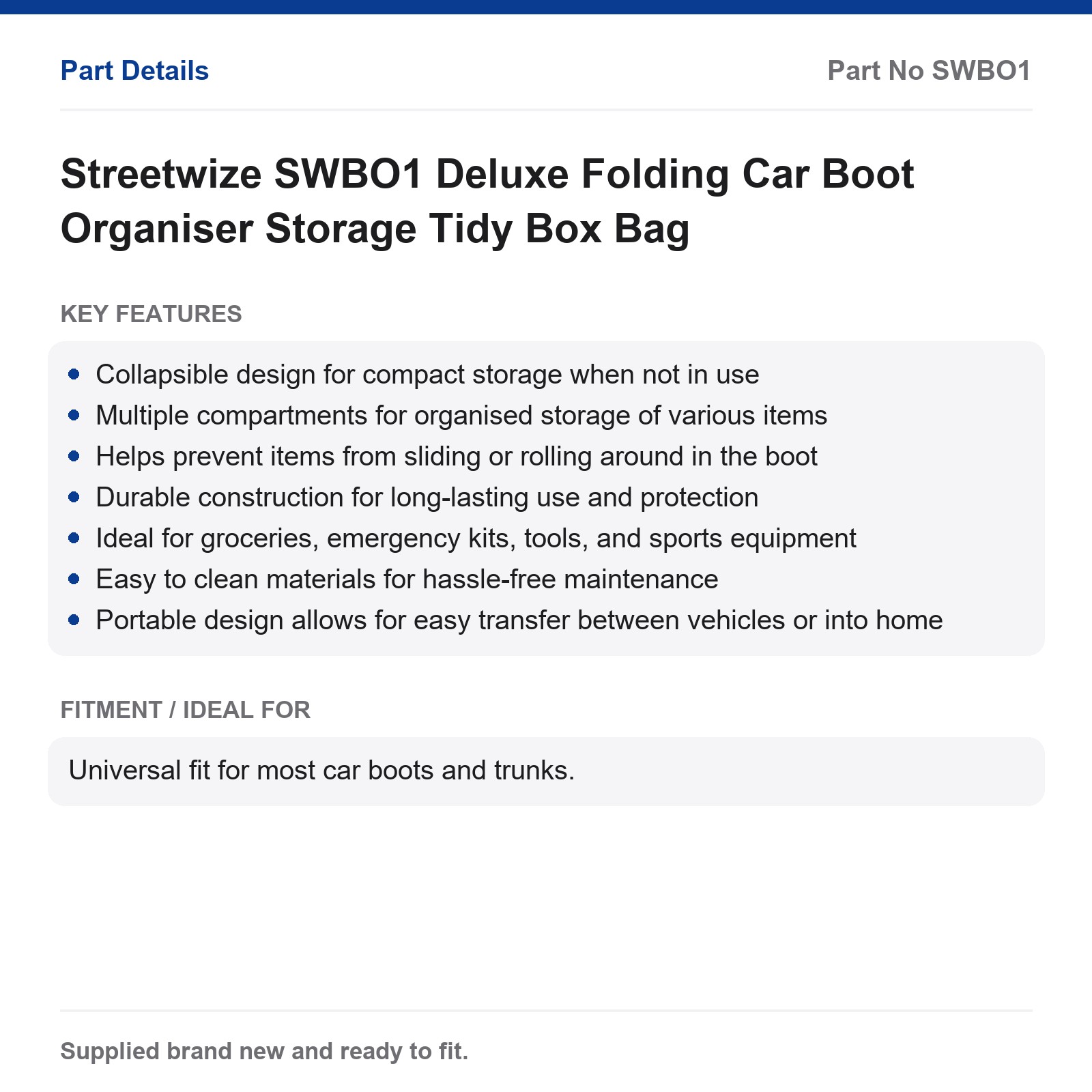 Streetwize SWBO1 Deluxe Folding Car Boot Organiser Storage Tidy Box Bag - Image 2