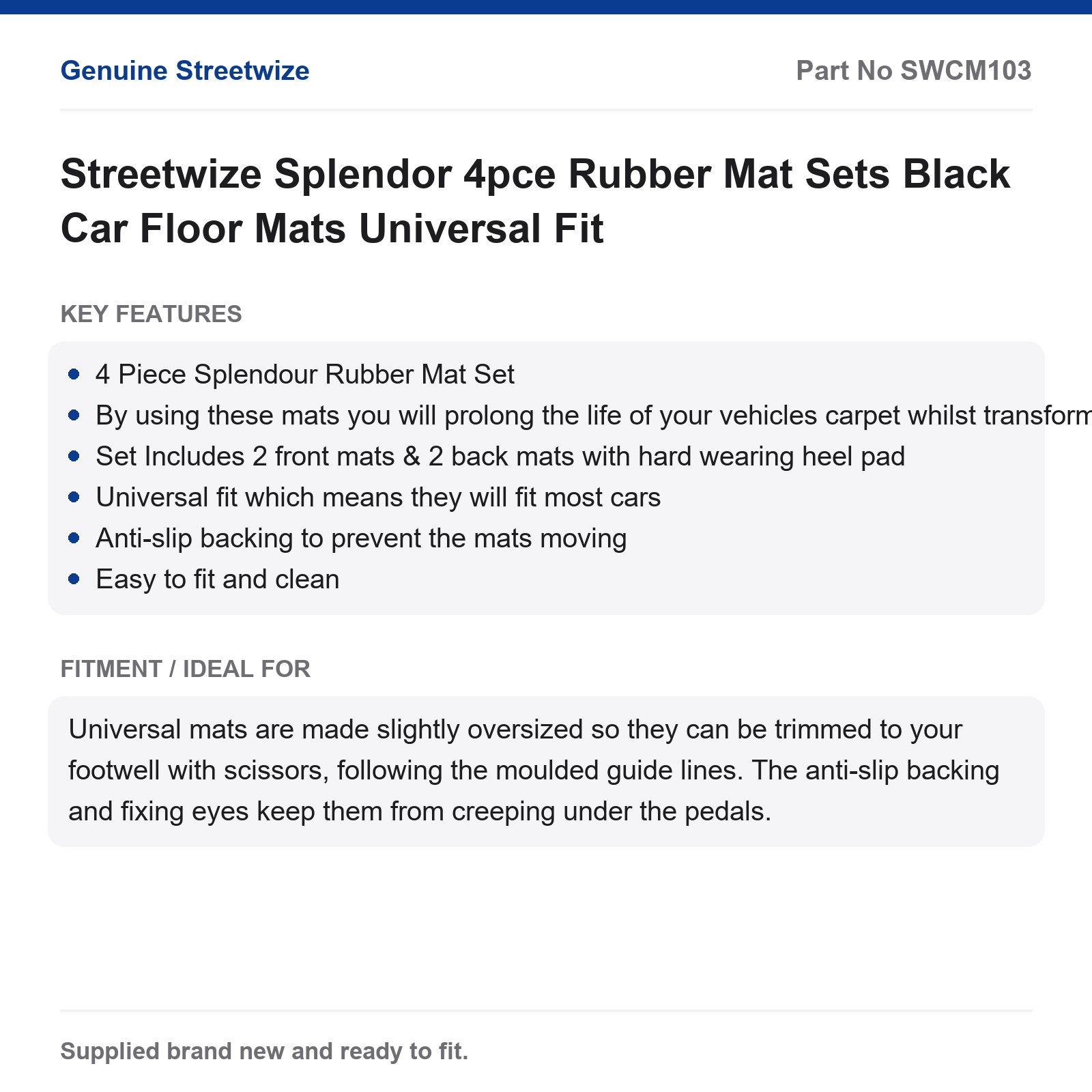 Streetwize Splendor Black Rubber Car Floor Mats 4pce Universal Fit - Image 4