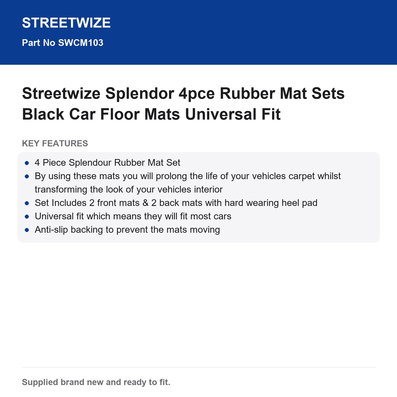 Streetwize Splendor Black Rubber Car Floor Mats 4pce Universal Fit - Image 5