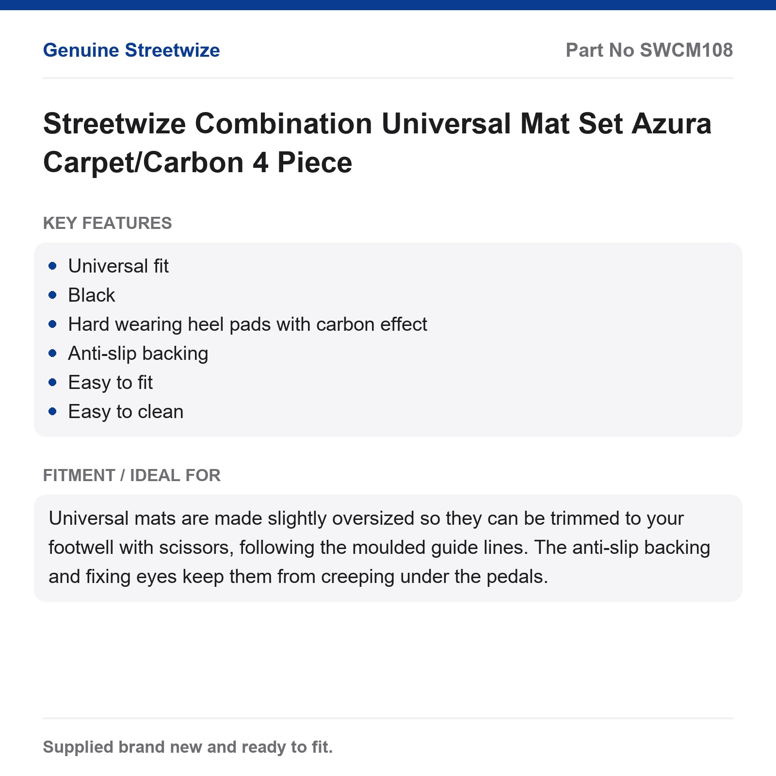 Streetwize Universal Car Mat Set Azura Carpet/Carbon 4 Piece - Image 5