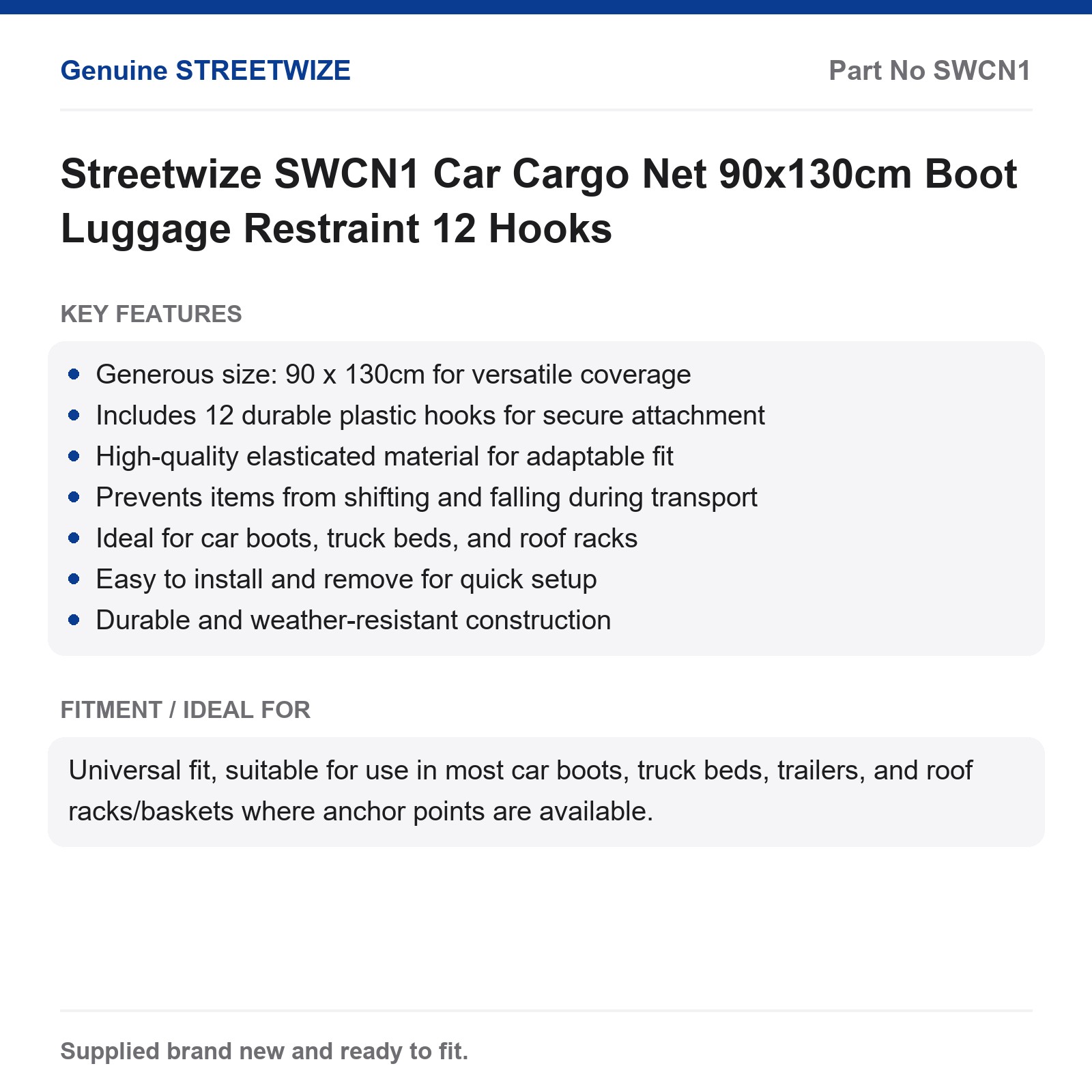 STREETWIZE SWCN1 Car Boot Cargo Net 90x130cm 12 Hooks Luggage Trailer Van - Image 2