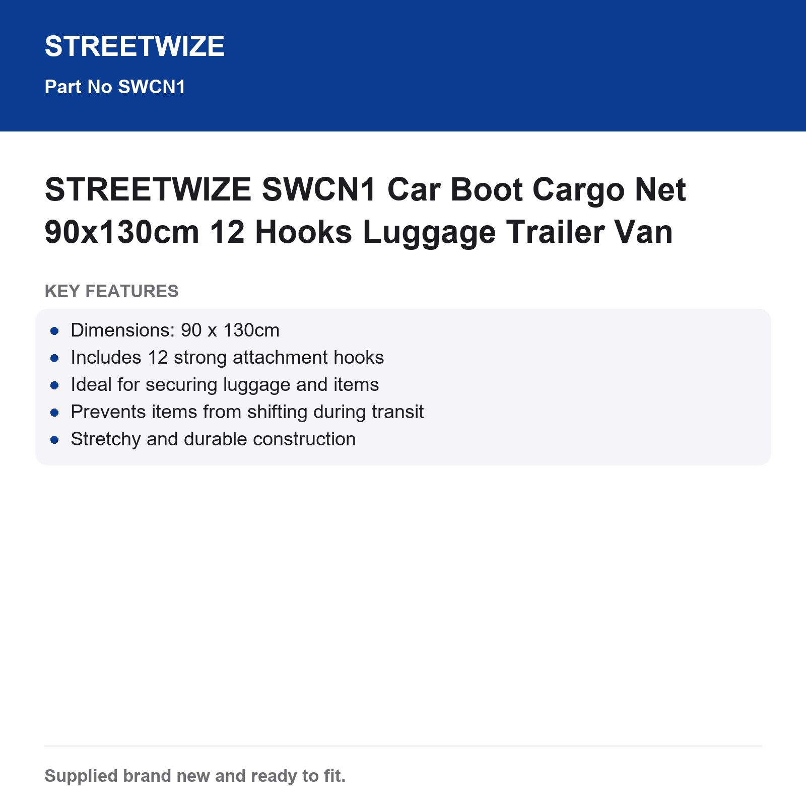 STREETWIZE SWCN1 Car Boot Cargo Net 90x130cm 12 Hooks Luggage Trailer Van - Image 3