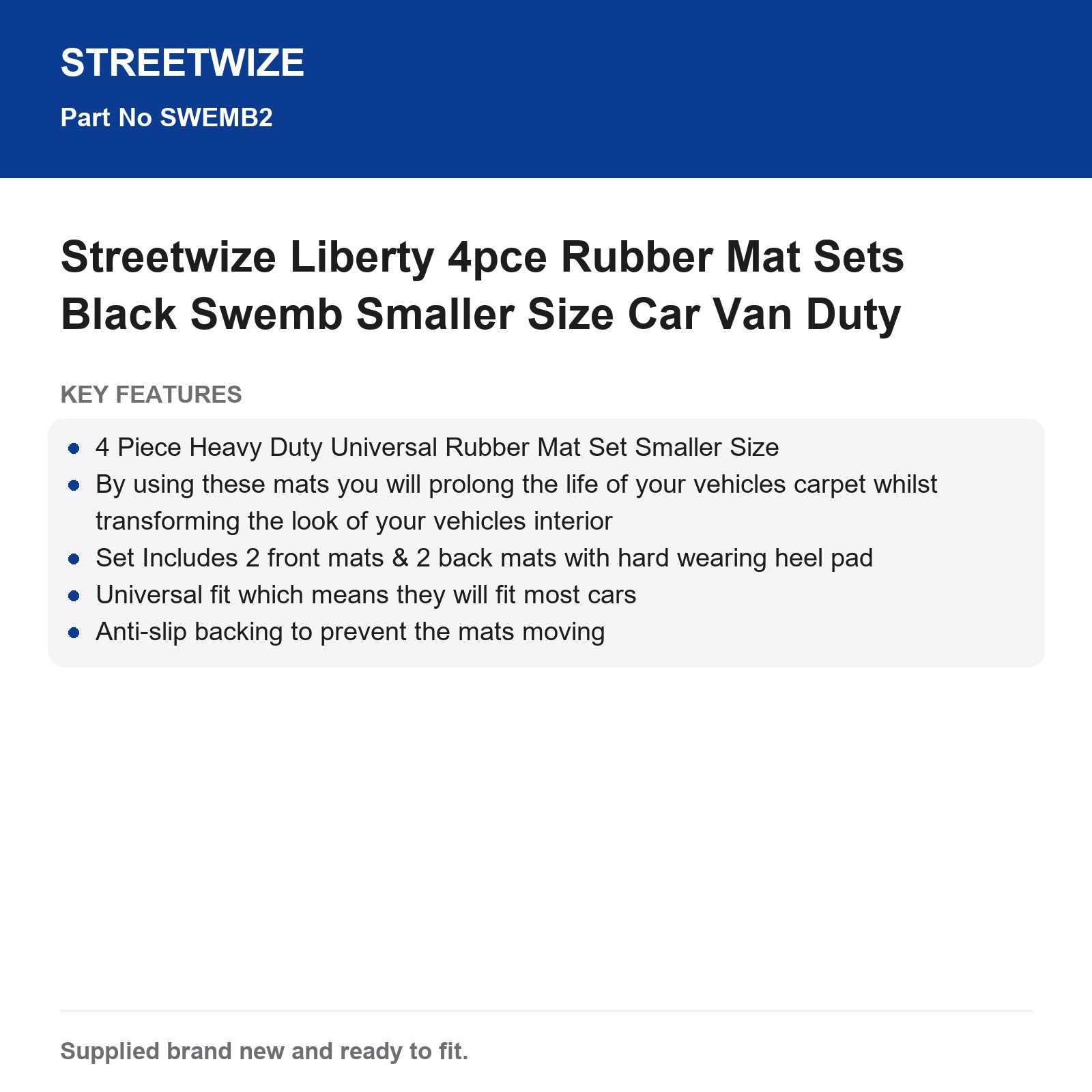 Streetwize Liberty 4pc Black Universal Heavy Duty Rubber Car Mats Smaller Size - Image 5