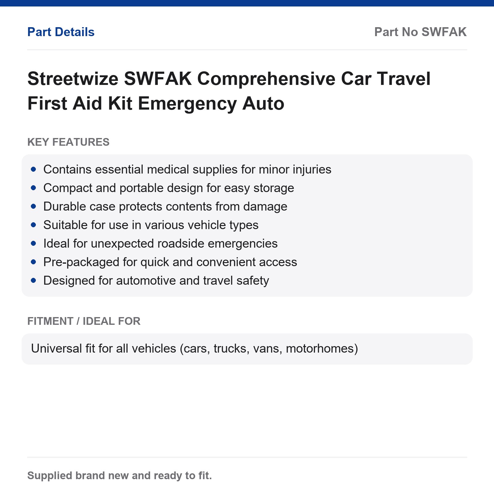 Streetwize First Aid Kit Car Travel Emergency Comprehensive SWFAK - Image 2