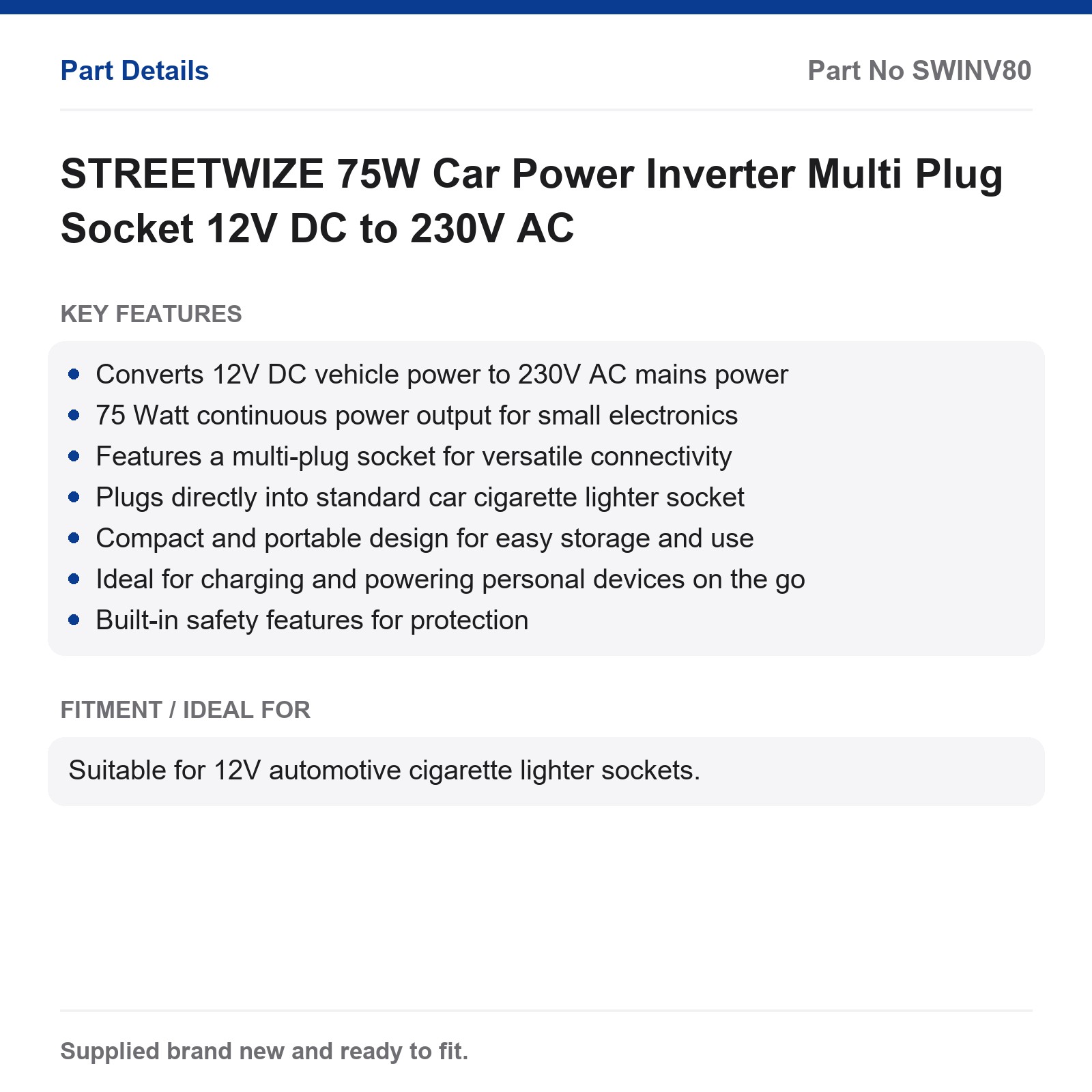 STREETWIZE 75W 12V DC 230V AC Car Power Inverter Multi Plug - Image 2