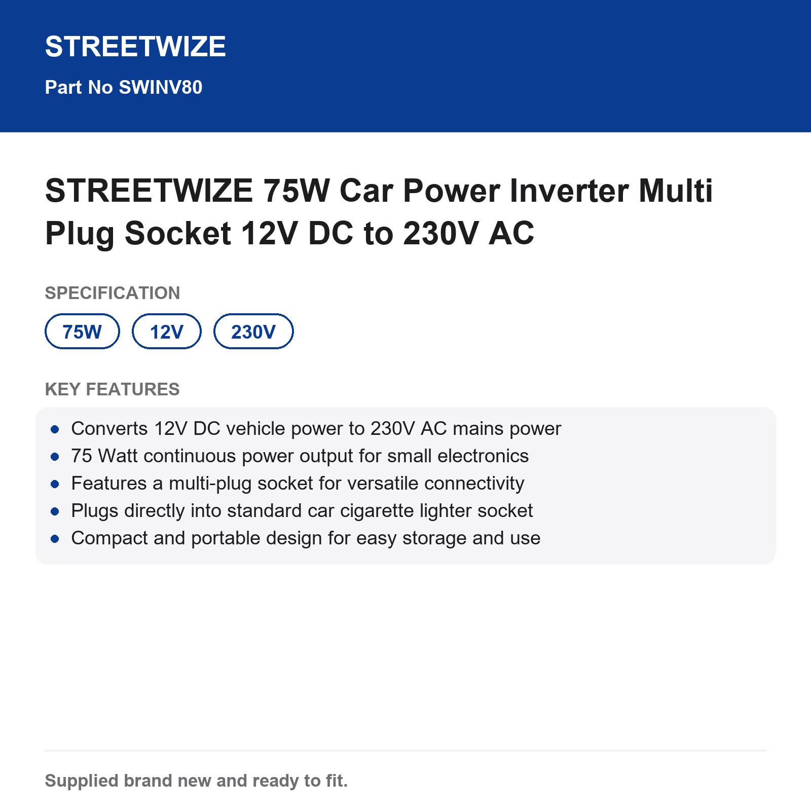 STREETWIZE 75W 12V DC 230V AC Car Power Inverter Multi Plug - Image 3