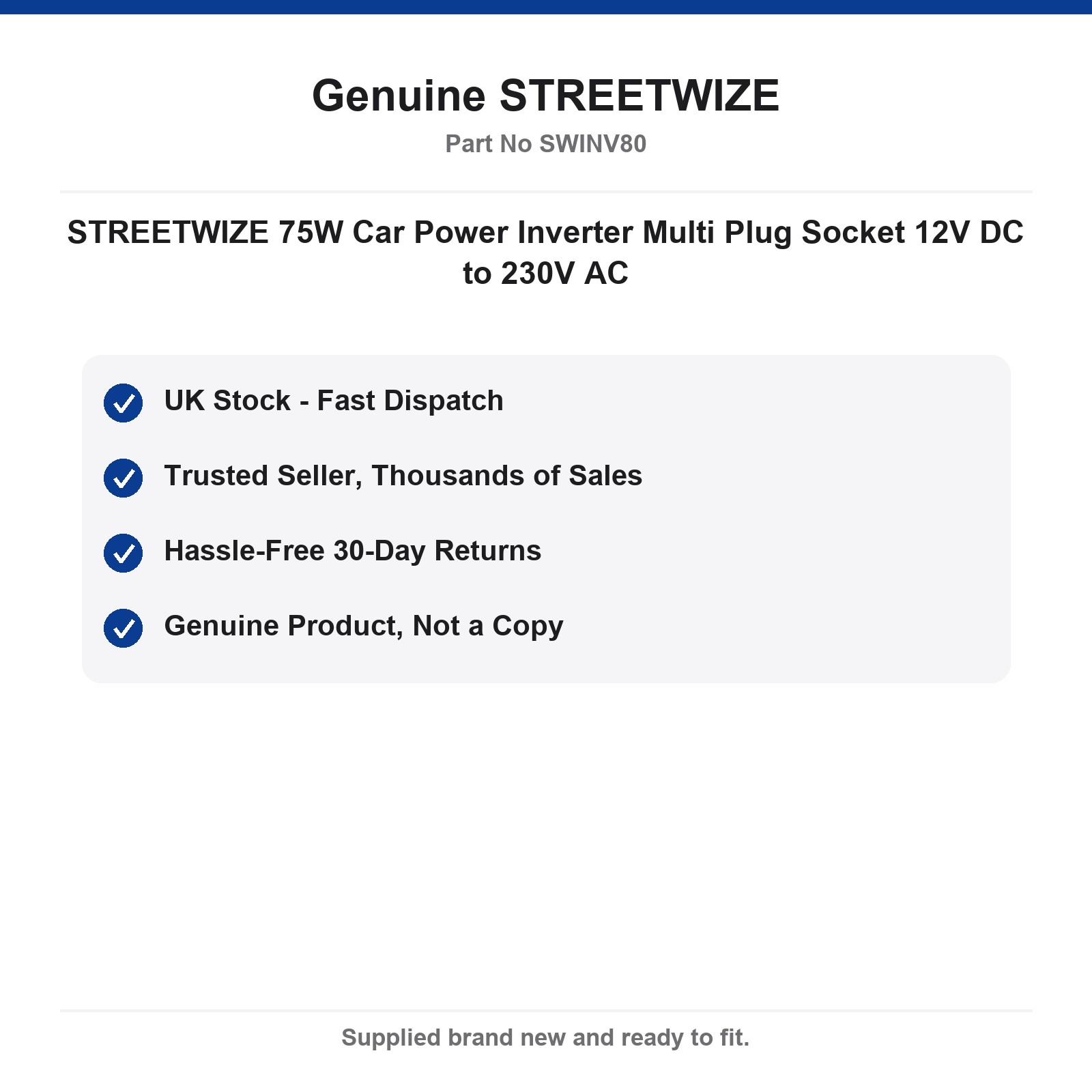 STREETWIZE 75W 12V DC 230V AC Car Power Inverter Multi Plug - Image 4
