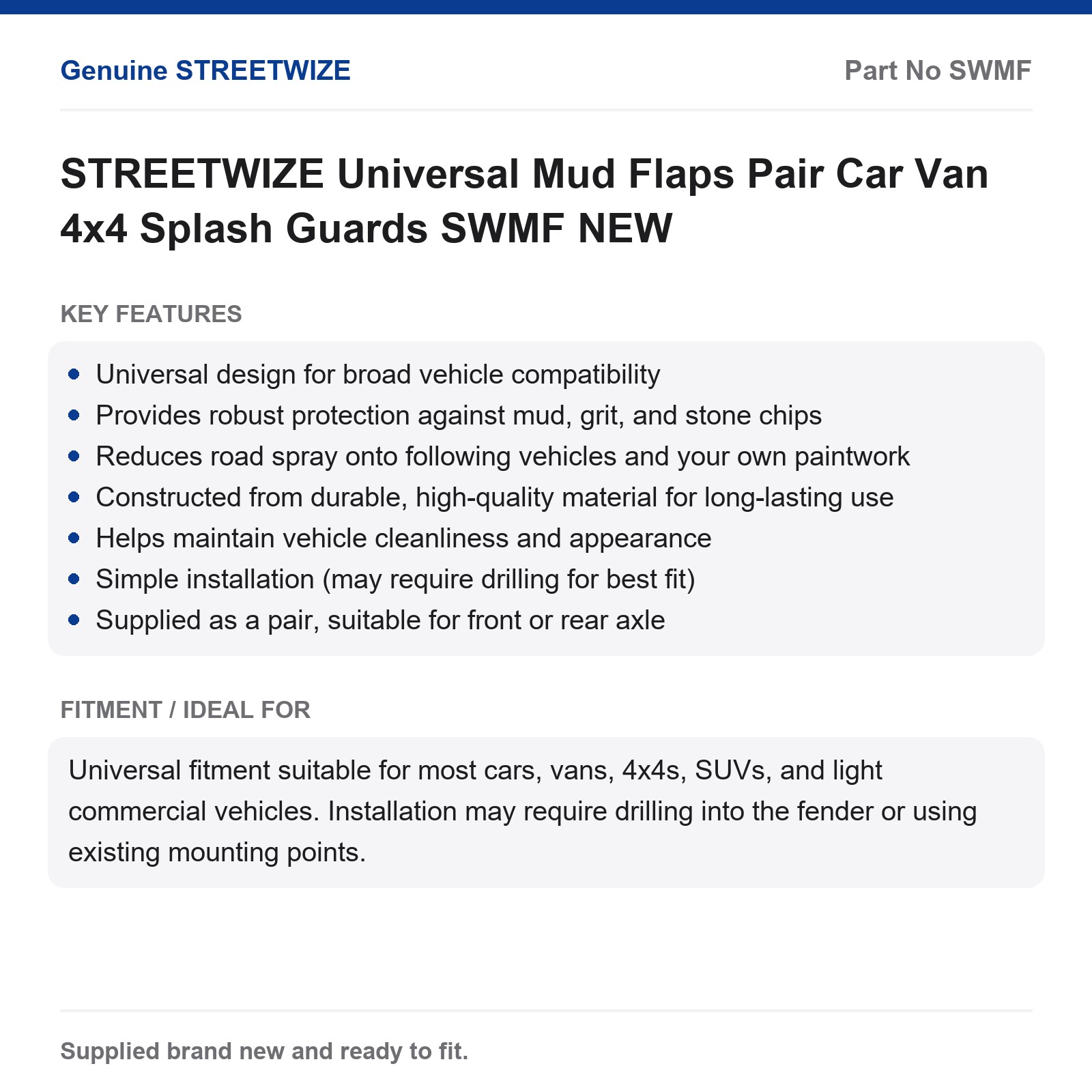 STREETWIZE Universal Mud Flaps Pair Car Van 4x4 Splash Guards SWMF NEW - Image 2