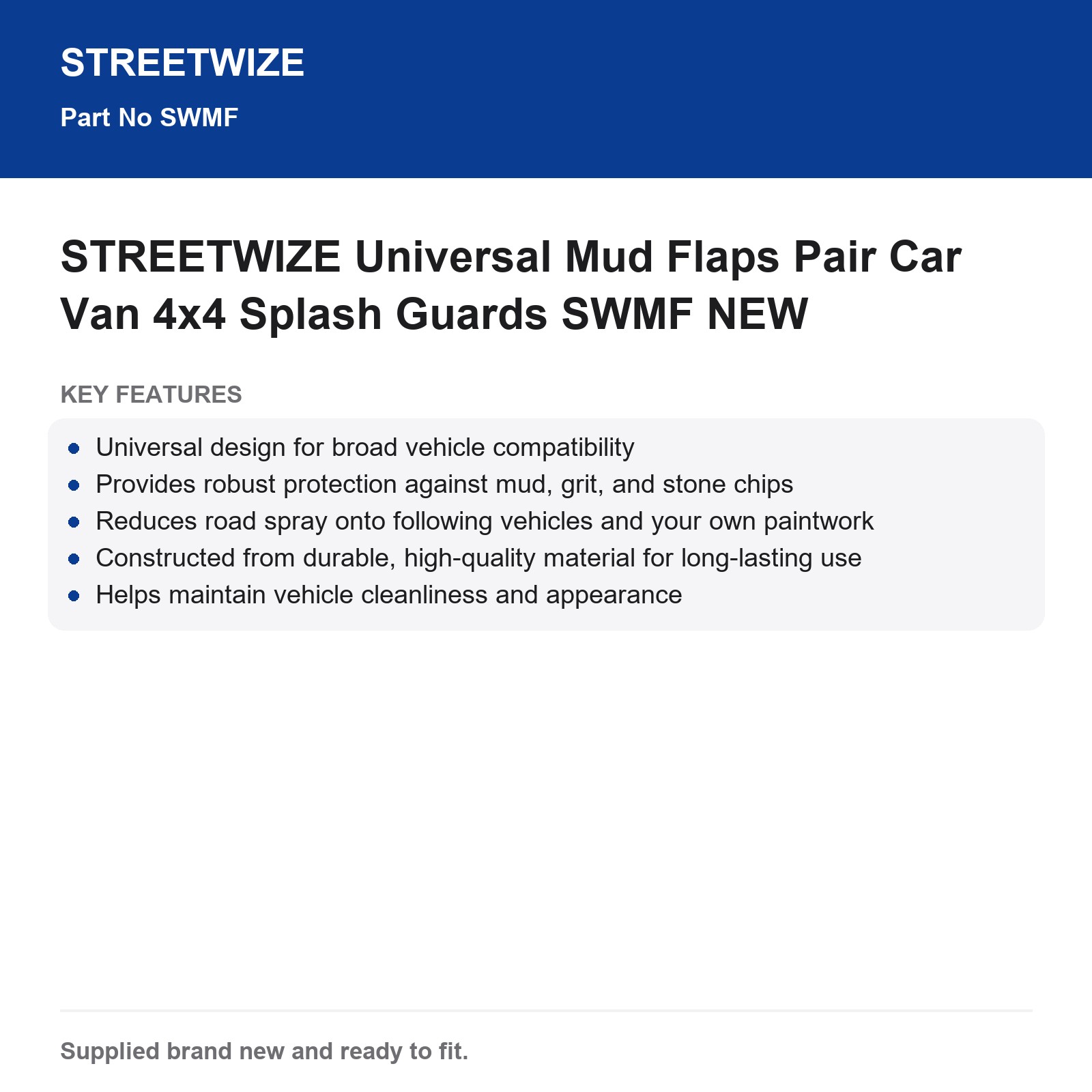 STREETWIZE Universal Mud Flaps Pair Car Van 4x4 Splash Guards SWMF NEW - Image 3