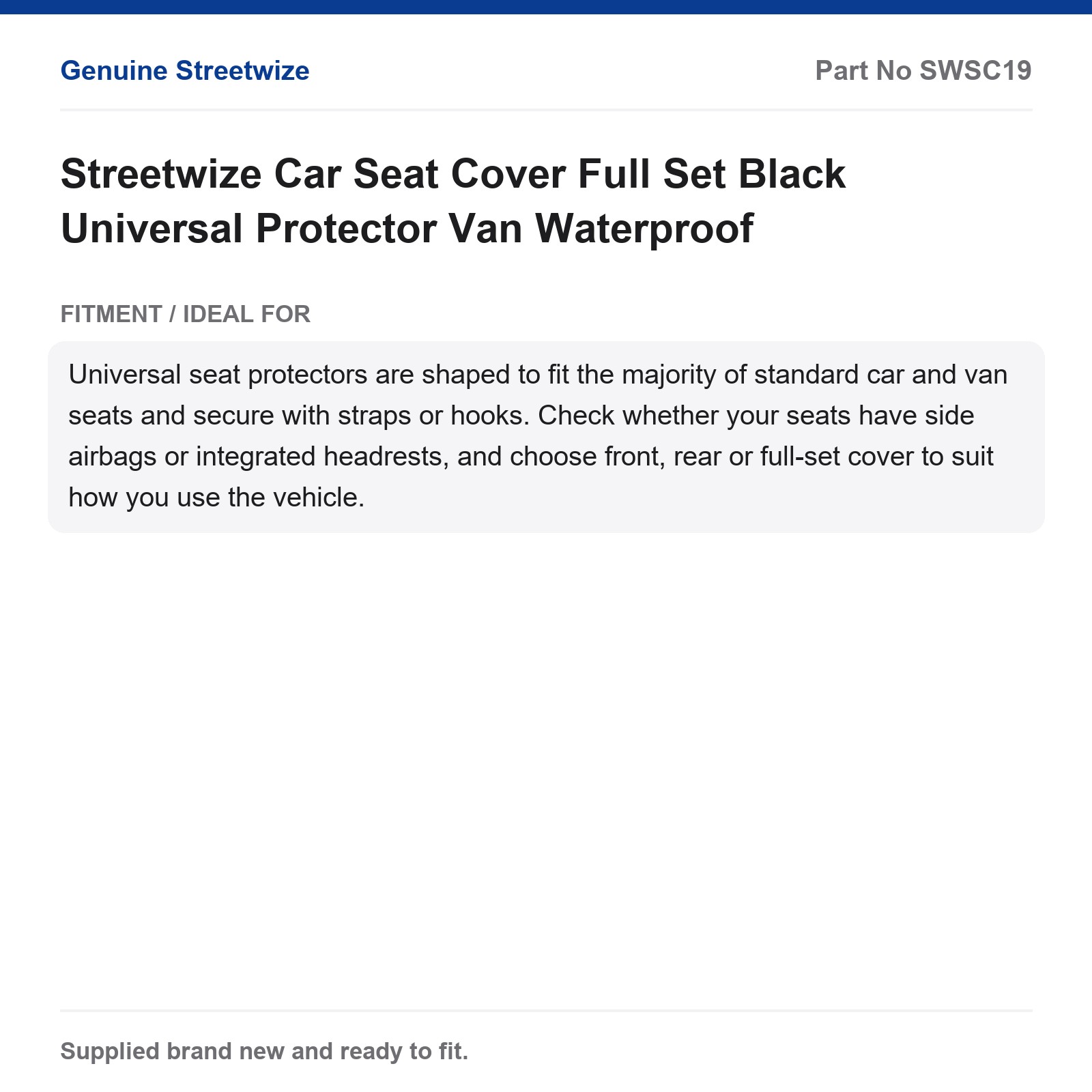 Universal Car Seat Cover Full Set Black Waterproof Van Streetwize - Image 5