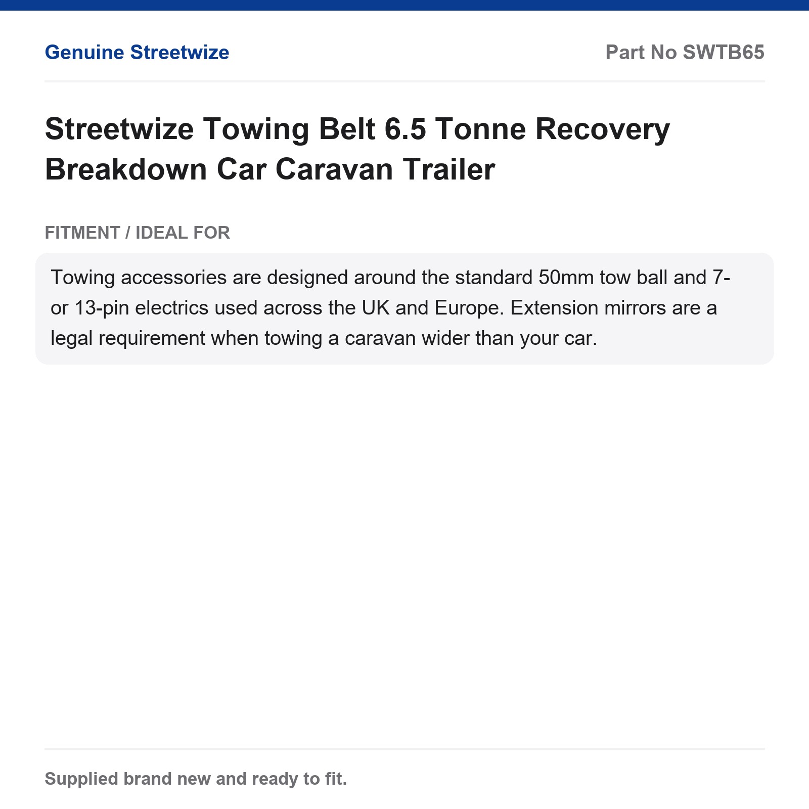 Streetwize 6.5 Tonne Towing Recovery Strap Car Caravan Breakdown - Image 5