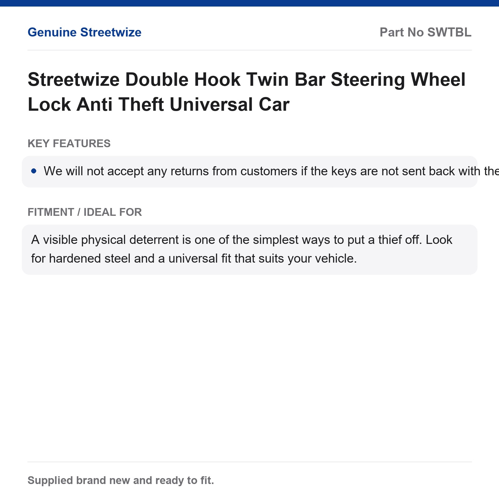 Streetwize Anti Theft Steering Wheel Lock Double Hook Universal Car - Image 5