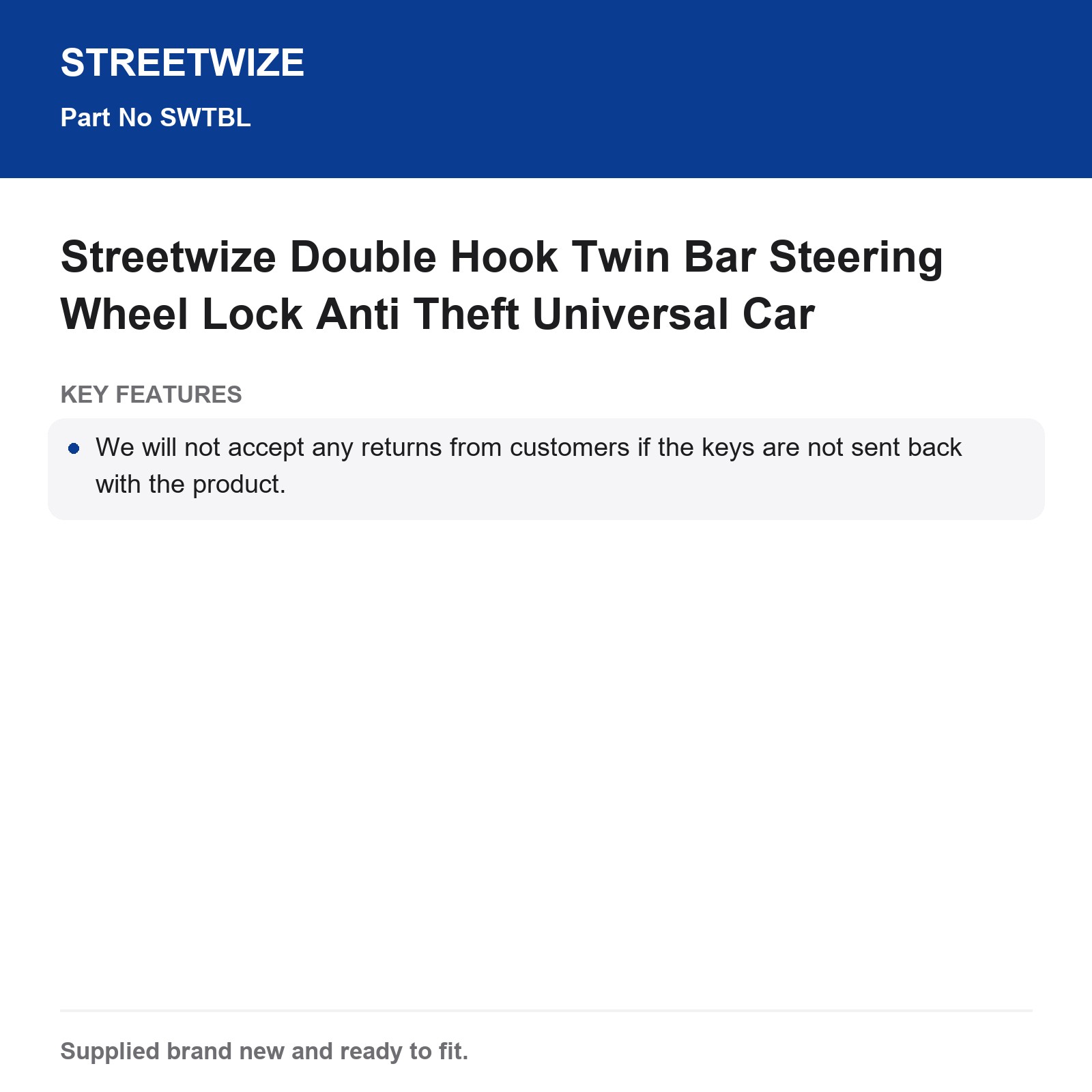 Streetwize Anti Theft Steering Wheel Lock Double Hook Universal Car - Image 6