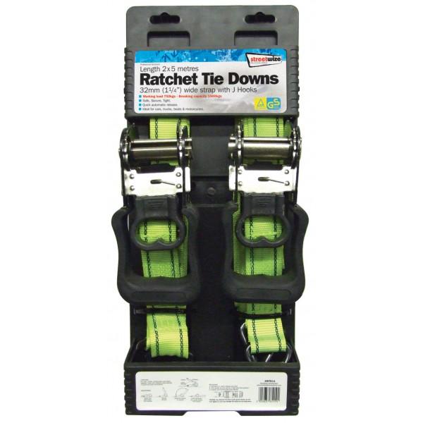 Streetwize Ratchet Tie Down 32mm/5m 2x Cargo Straps Trailer Car