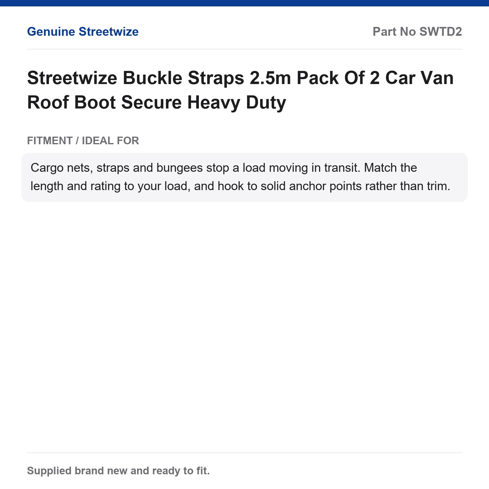 Streetwize Tie Down Straps 2.5m Pack Of 2 Car Van Roof Boot Heavy Duty - Image 5