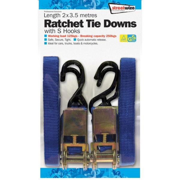 Streetwize Ratchet Tie Down S Hooks 3.5m Pack Of 2 Cargo Straps Trailer