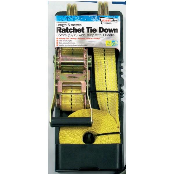 Streetwize Heavy Duty Ratchet Tie Down Cargo Strap J Hooks 35mm 5m