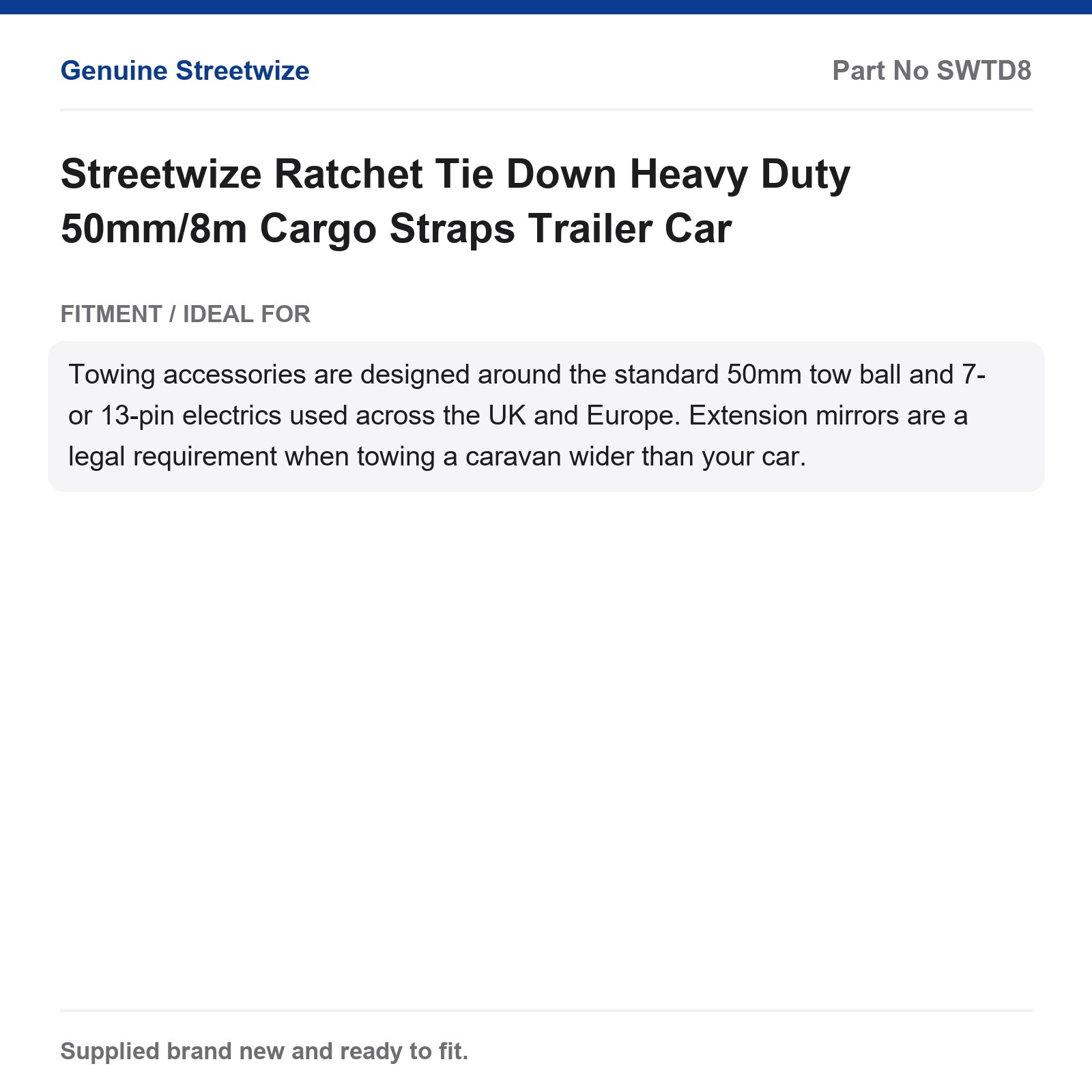 Streetwize Ratchet Tie Down Heavy Duty 50mm/8m Cargo Straps Trailer Car - Image 5