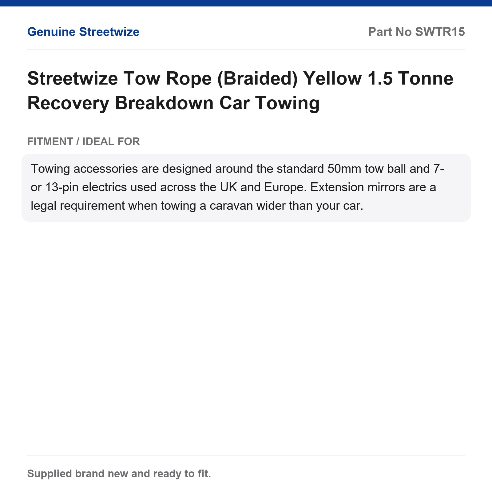 Streetwize Tow Rope 1.5 Tonne Recovery Breakdown Car Towing Braided Yellow - Image 5