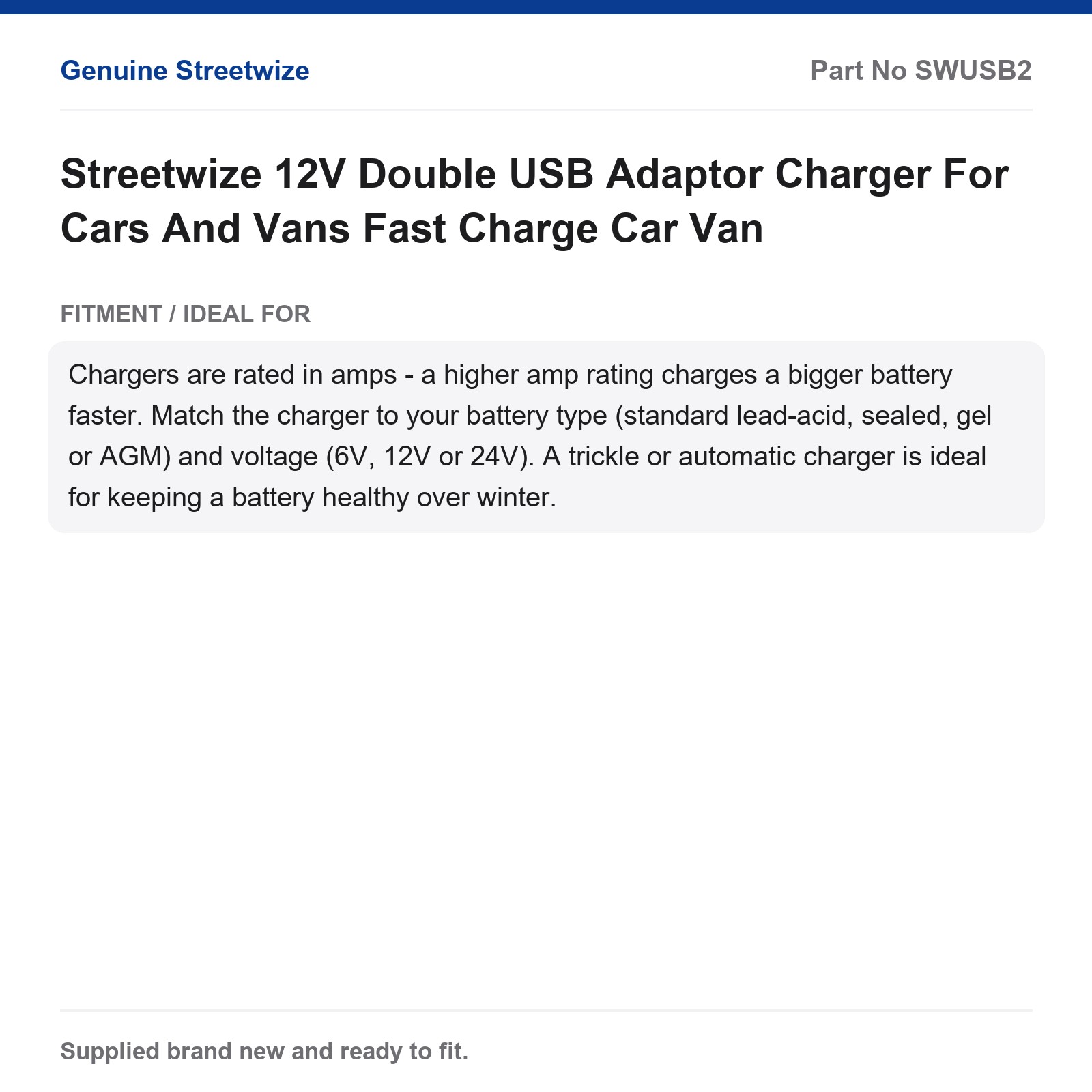 Streetwize 12V Double USB Adaptor Charger Fast Charge Car Van - Image 5