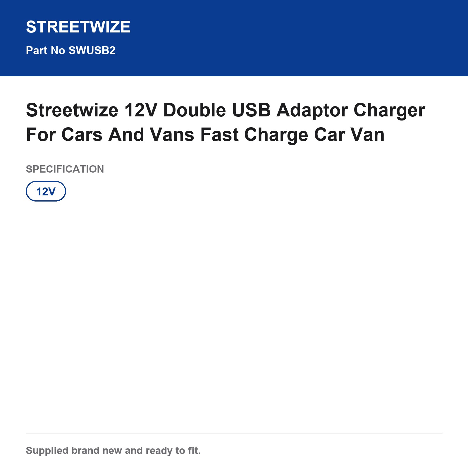 Streetwize 12V Double USB Adaptor Charger Fast Charge Car Van - Image 6
