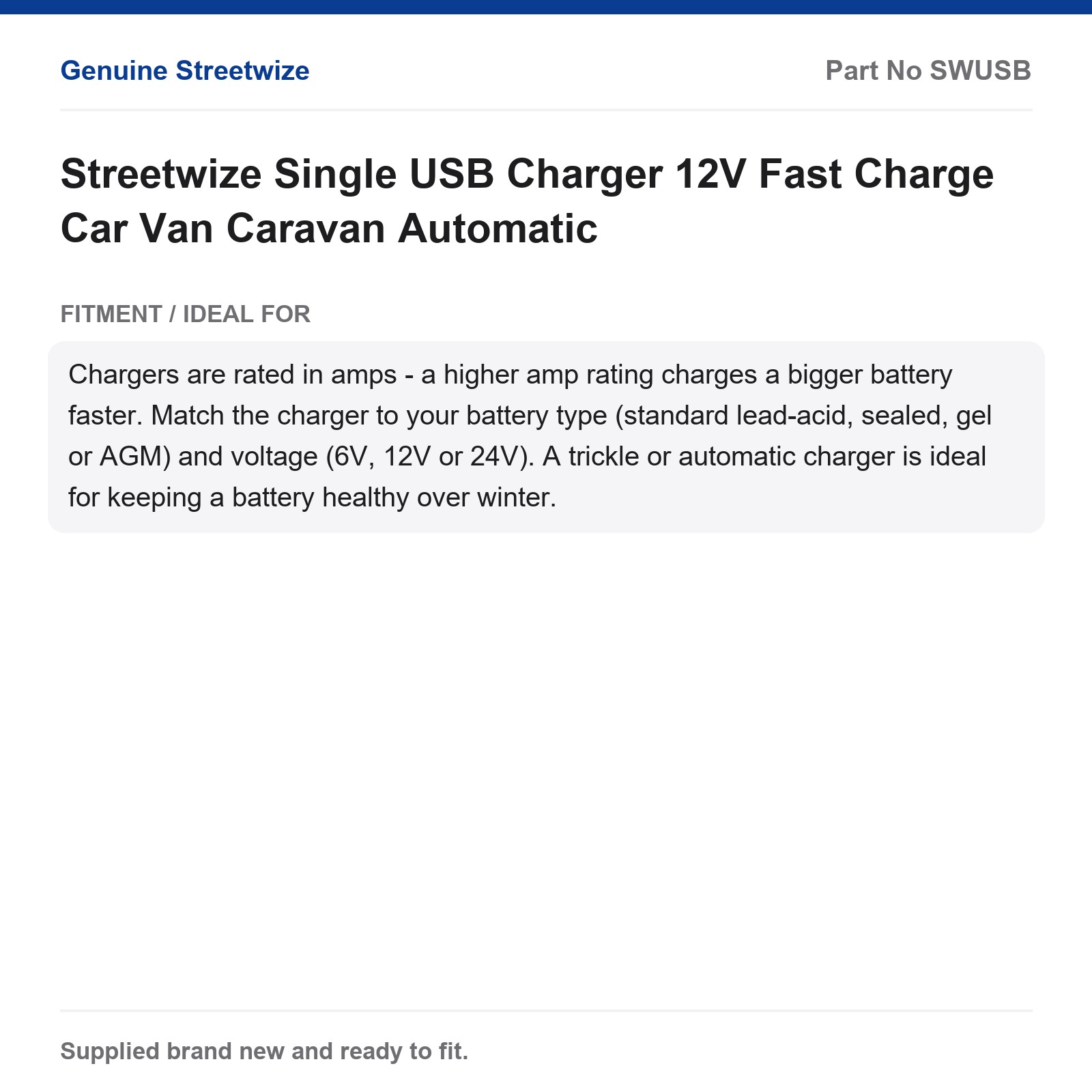 Streetwize Single USB Charger 12V Fast Charge Car Van Caravan - Image 5
