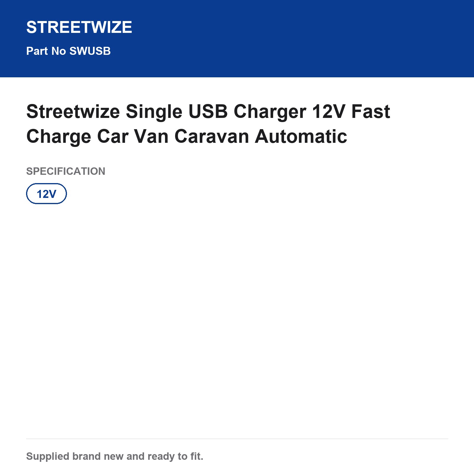 Streetwize Single USB Charger 12V Fast Charge Car Van Caravan - Image 6
